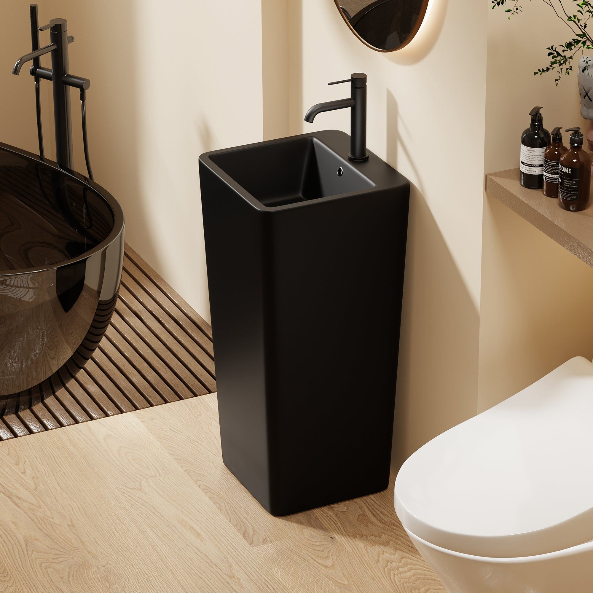 Lavabo Totem noir Carré arrondie : Lavabo de salle de bain sur pied noir avec vasque carrée arrondie et design moderne.