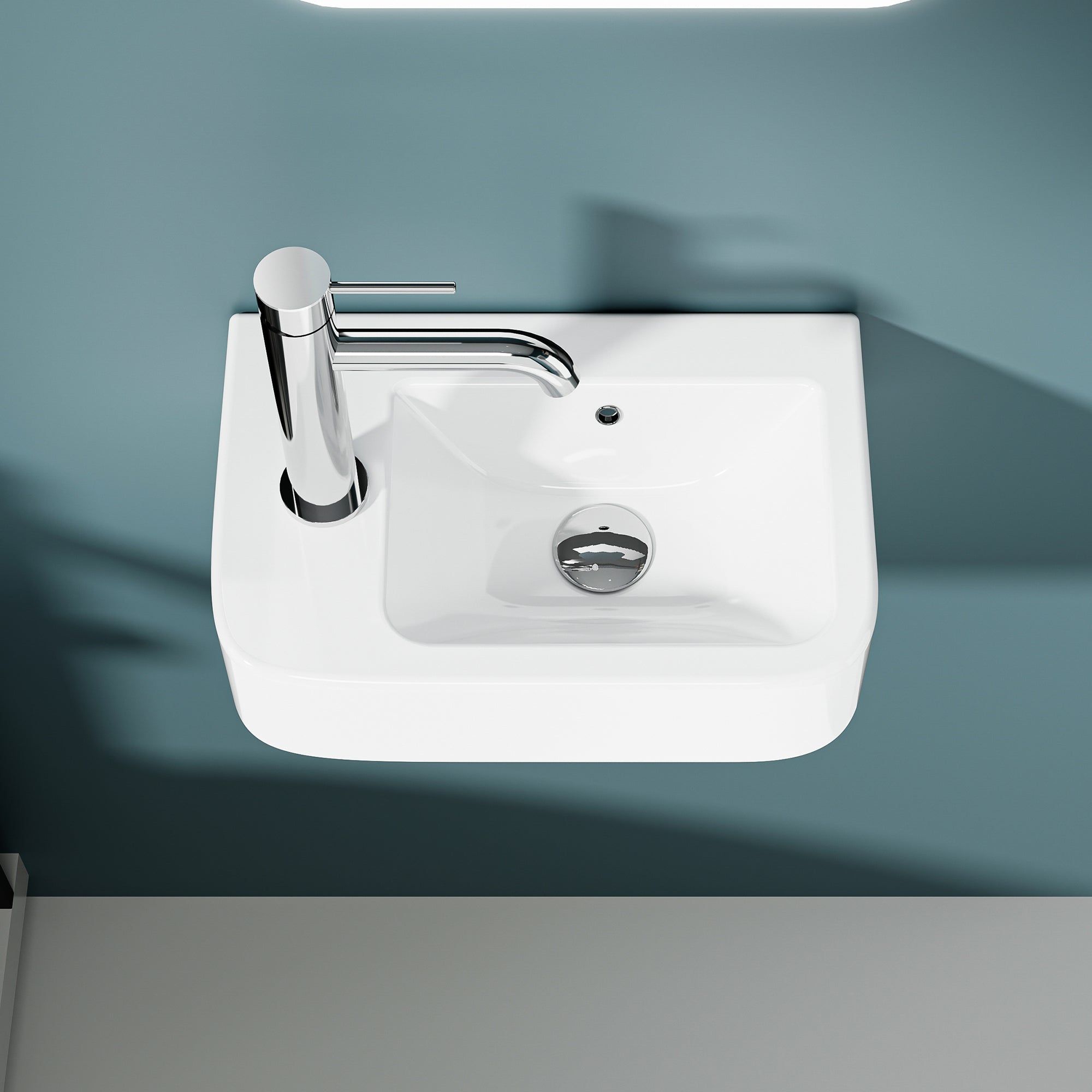 Vasque lave-mains murale compacte en céramique blanche BRUNO, 37x24,5cm, sortie à gauche.