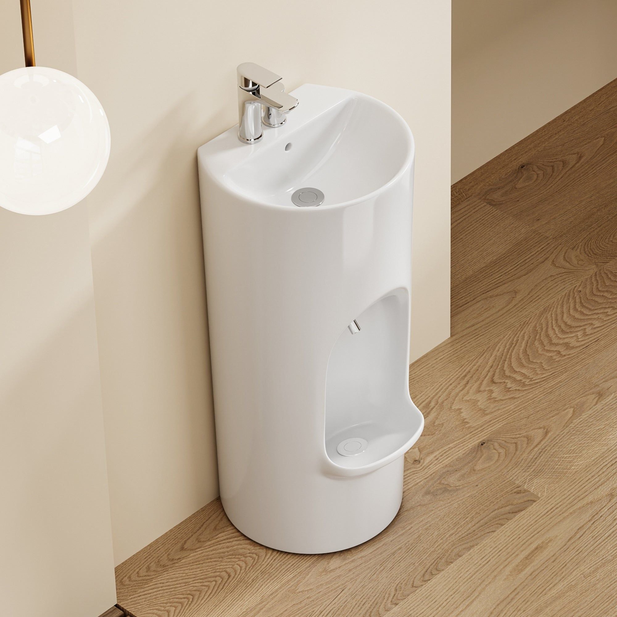 Lavabo sur pied Riyad : Design moderne, rond et compact avec urinoir intégré.