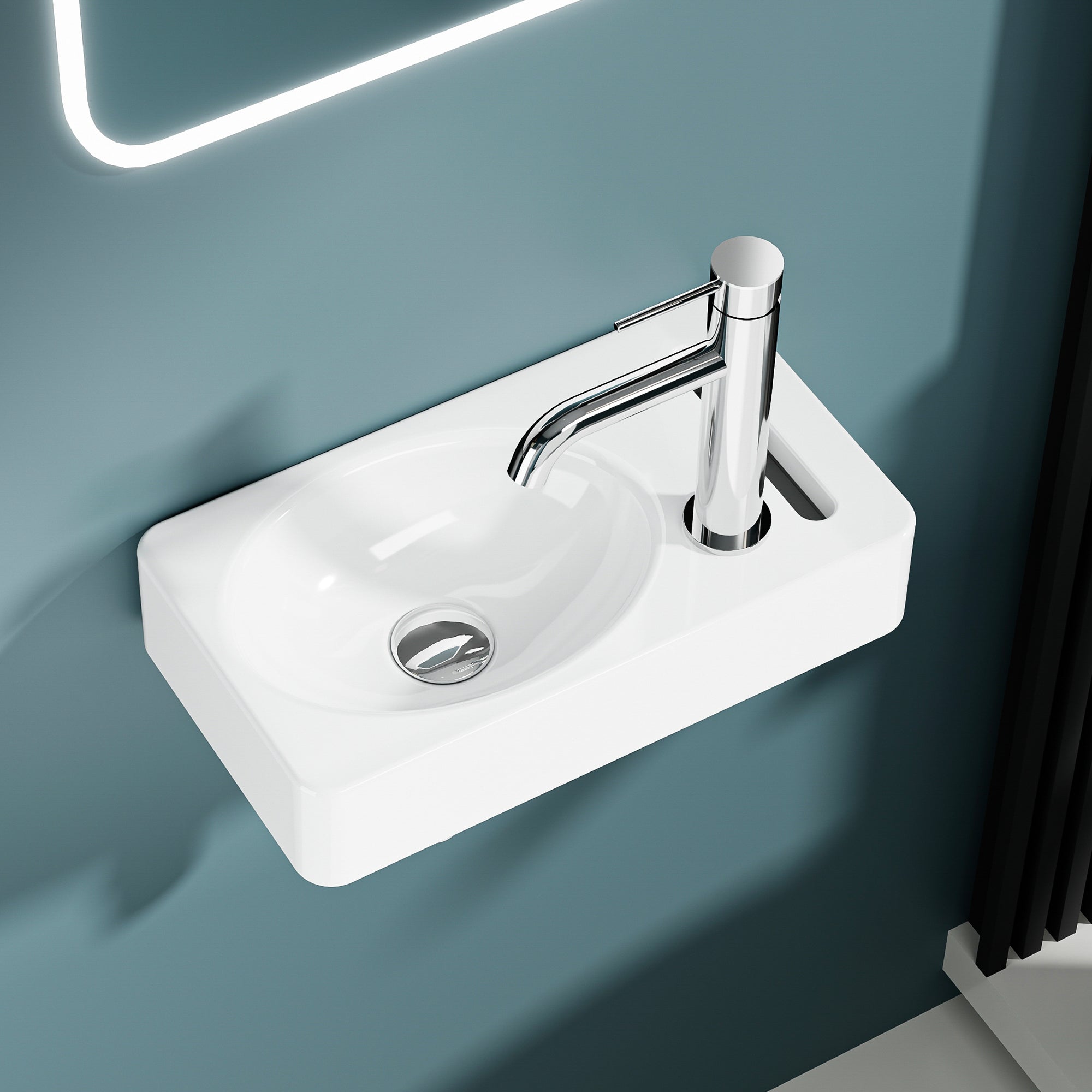 Vasque lave-mains murale sortie droite avec porte-serviette intégré en céramique blanche (39,5*22cm) – PORTO