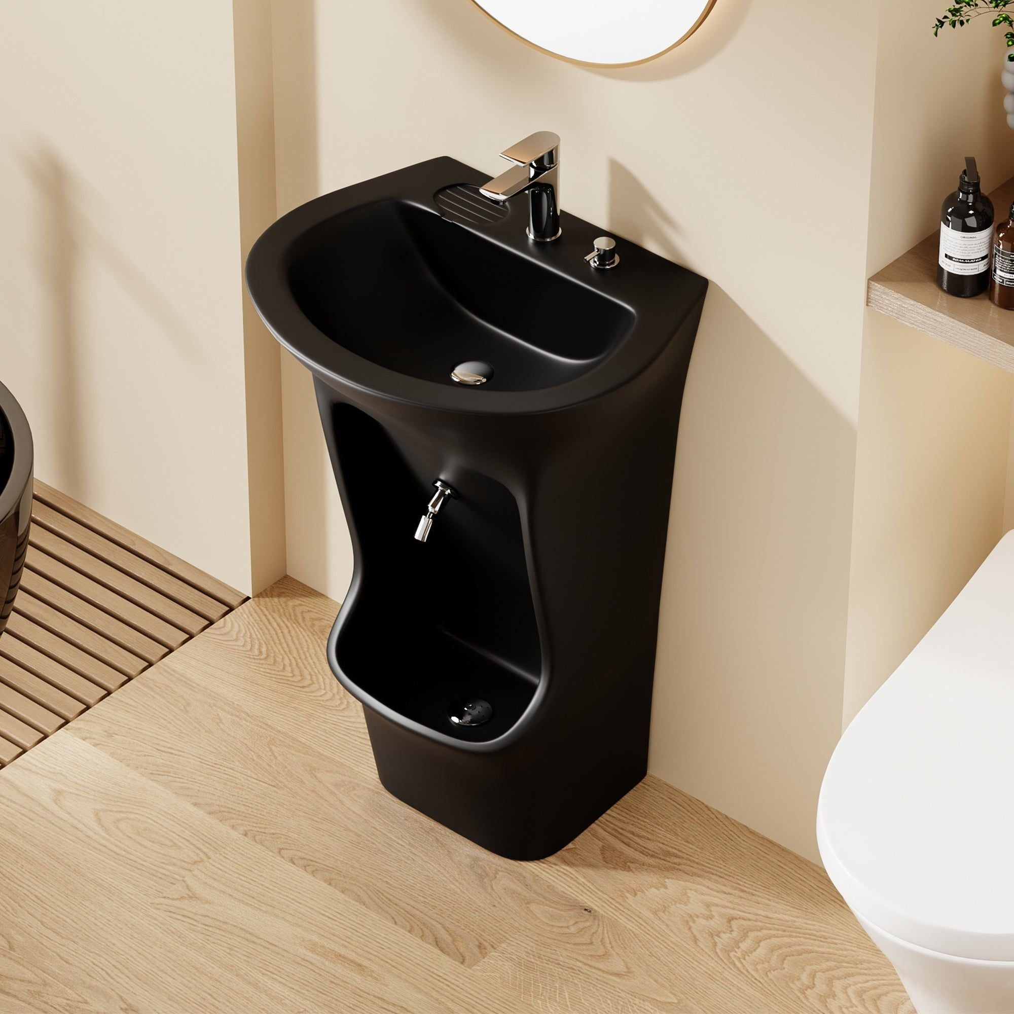 Lavabo d'ablutions sur pied noir avec bac à pieds intégré pour le lavage
