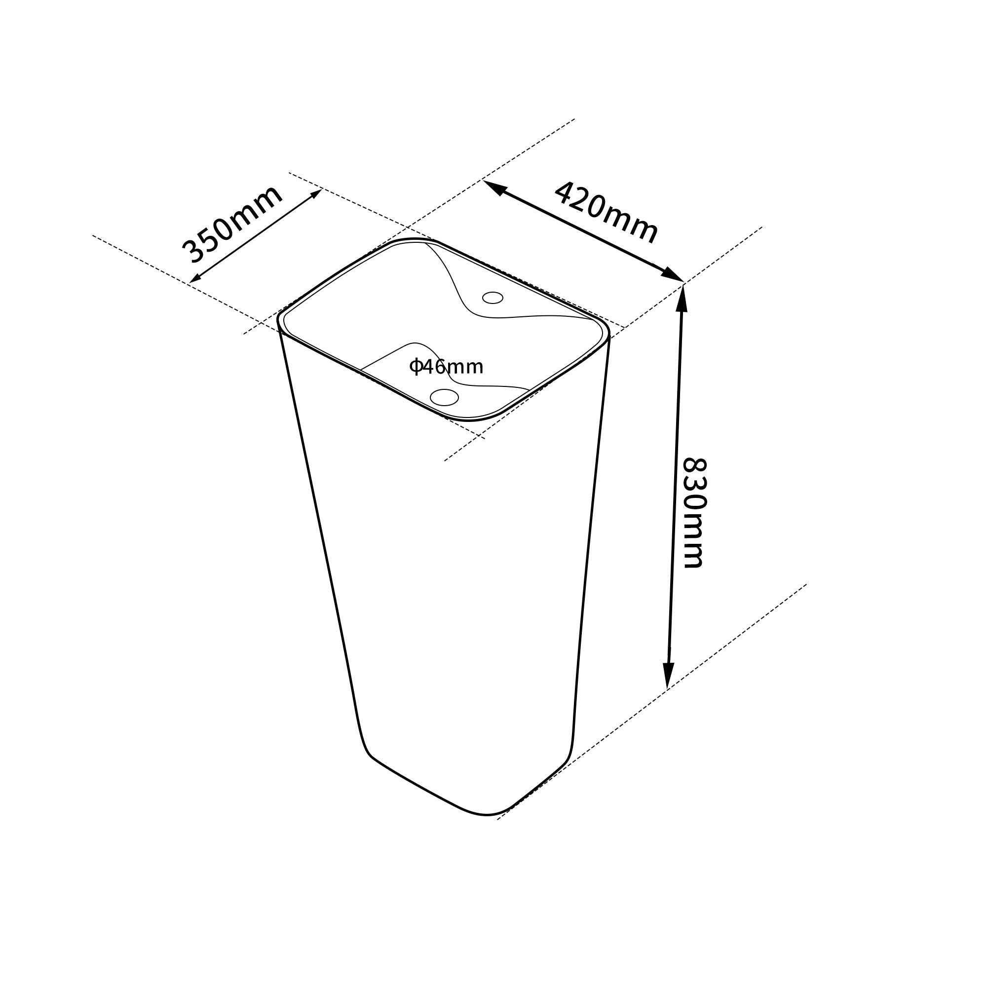 Lavabo Totem Noir Rectangulaire et Fin: Modern black rectangular pedestal sink; dimensions shown.