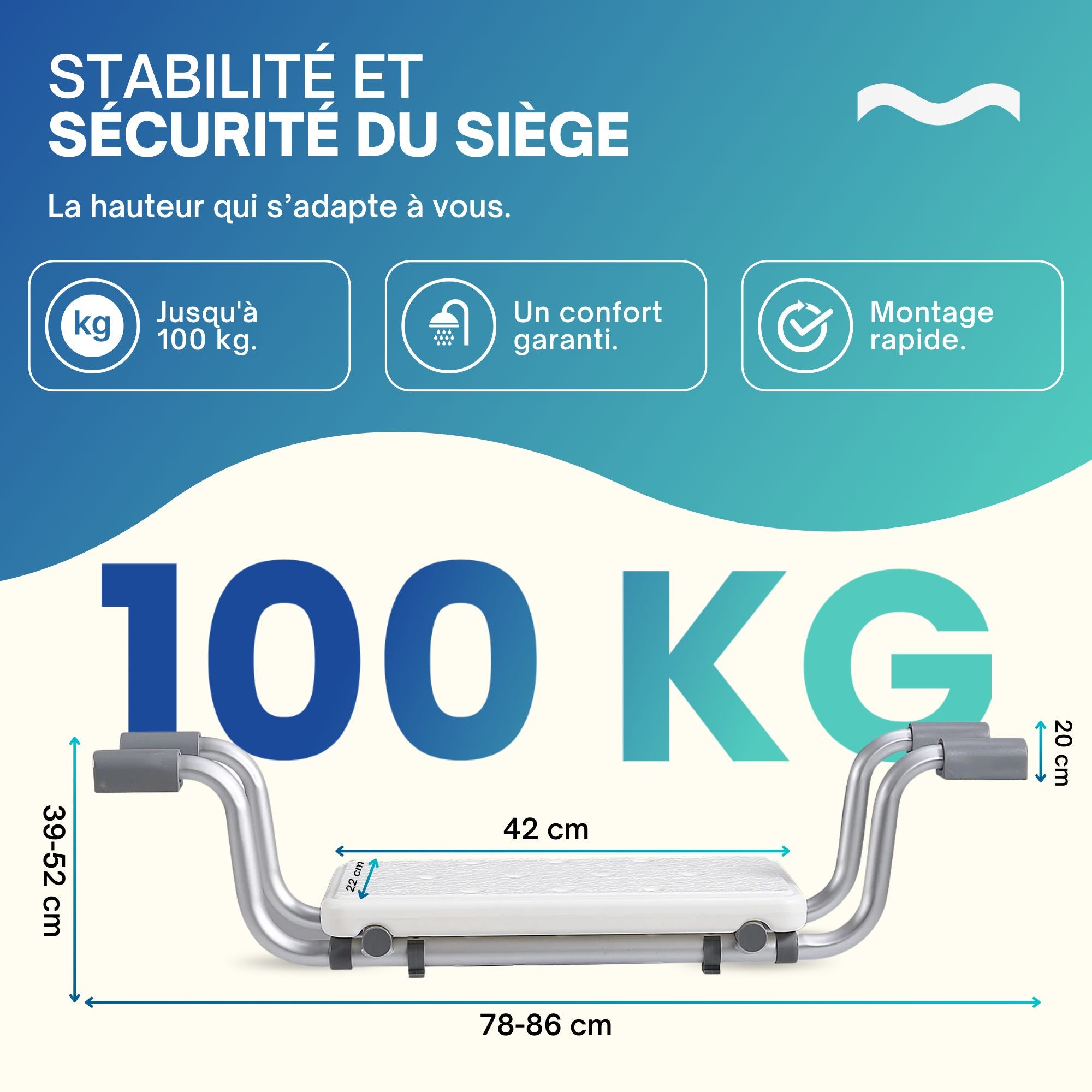 Siège de baignoire PMR: Hauteur réglable, siège de douche sécurisé et stable avec accoudoirs, idéal pour personnes à mobilité réduite.