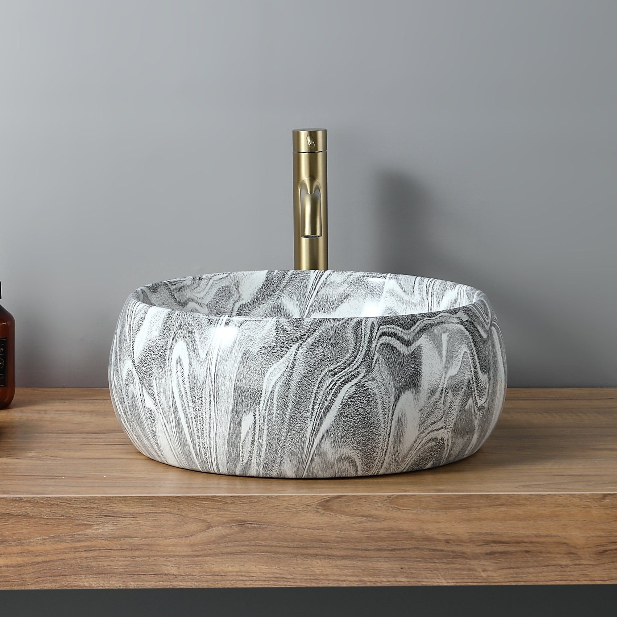 Lavabo rond en céramique grise à rayures zébrées (diamètre 40 cm)