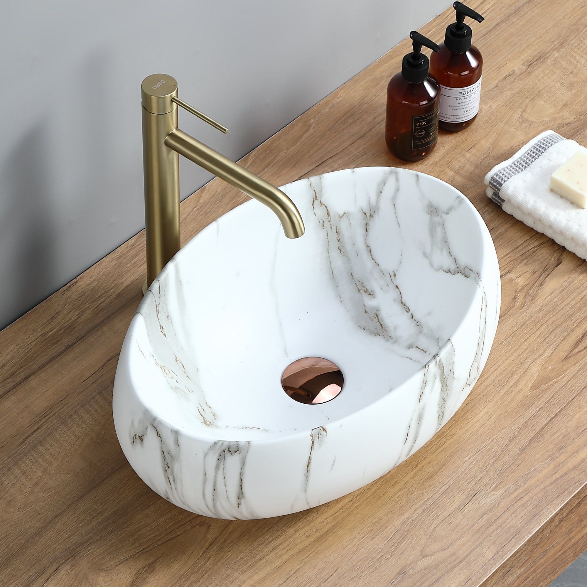 Lavabo ovale effet marbre blanc (48x35cm), vasque de salle de bain moderne