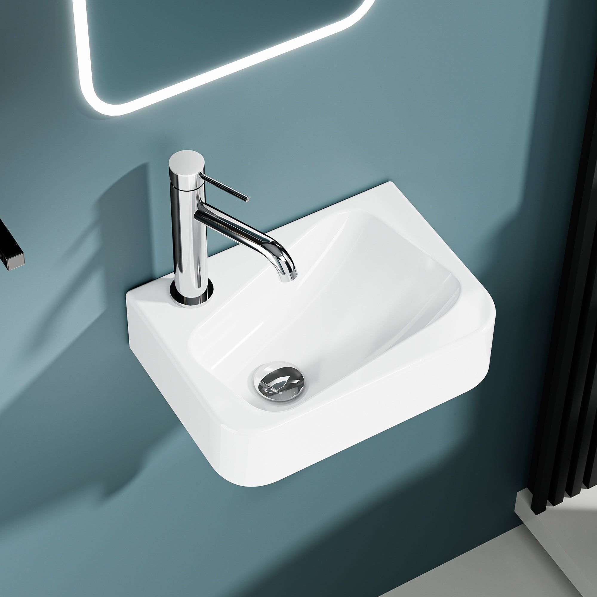 Lavabo mural en céramique blanche avec robinet à gauche, modèle PICASSO.