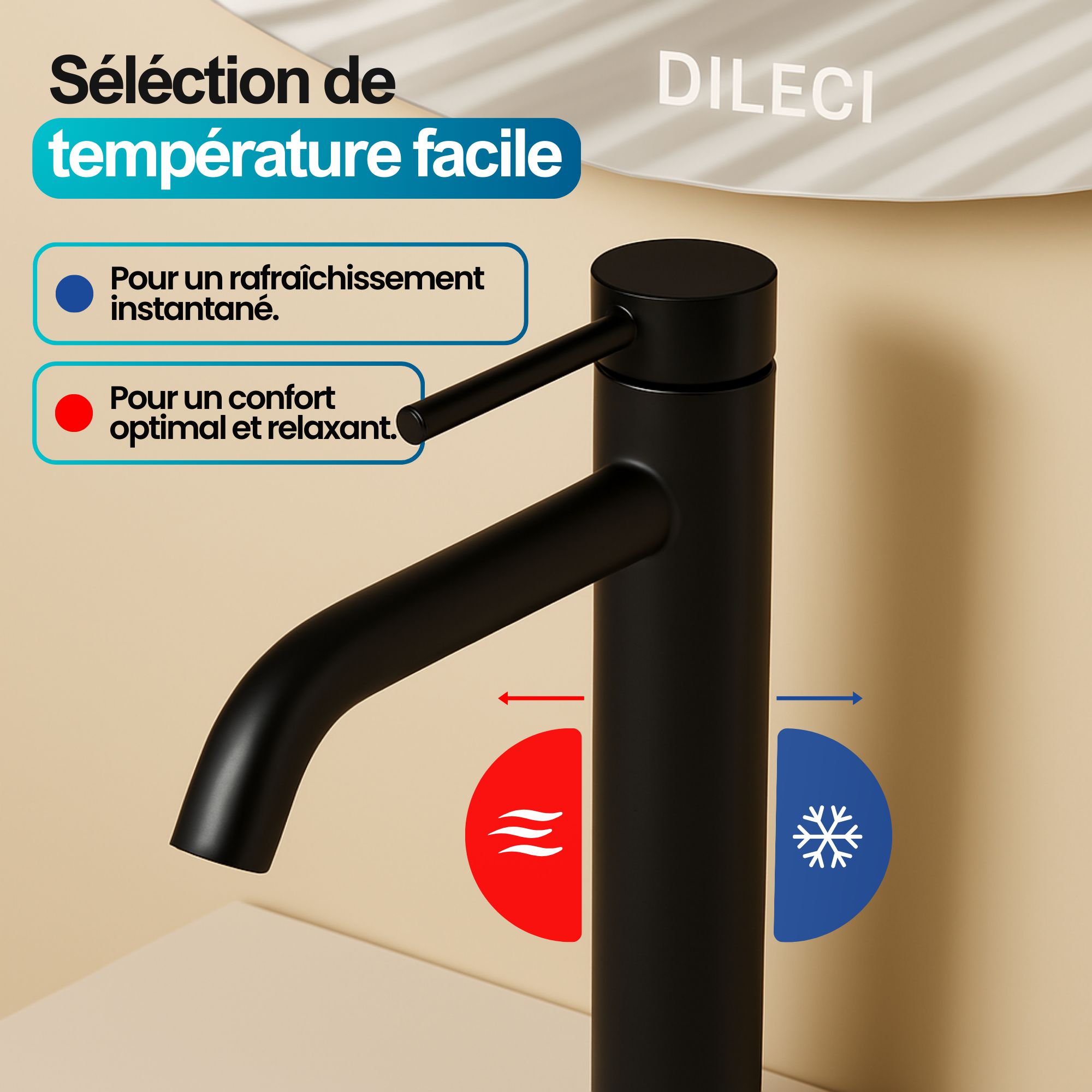 Robinet à bec moyen noir mat pour salle de bain: robinet élégant et moderne avec sélection facile de température.