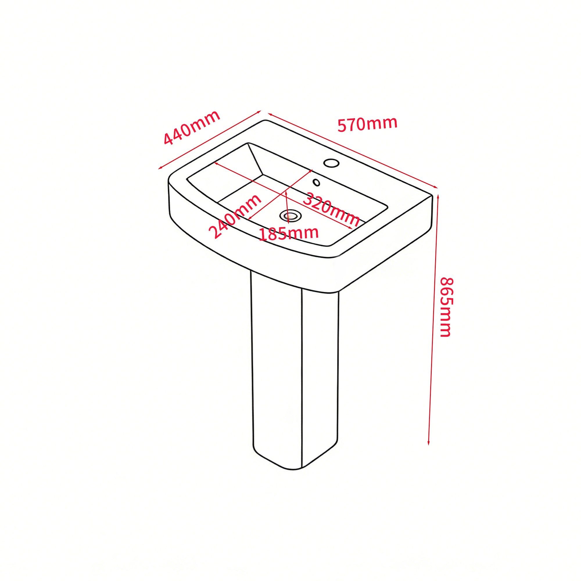 Lavabo colonne sur pied design carré arrondi en céramique blanc, dimensions détaillées