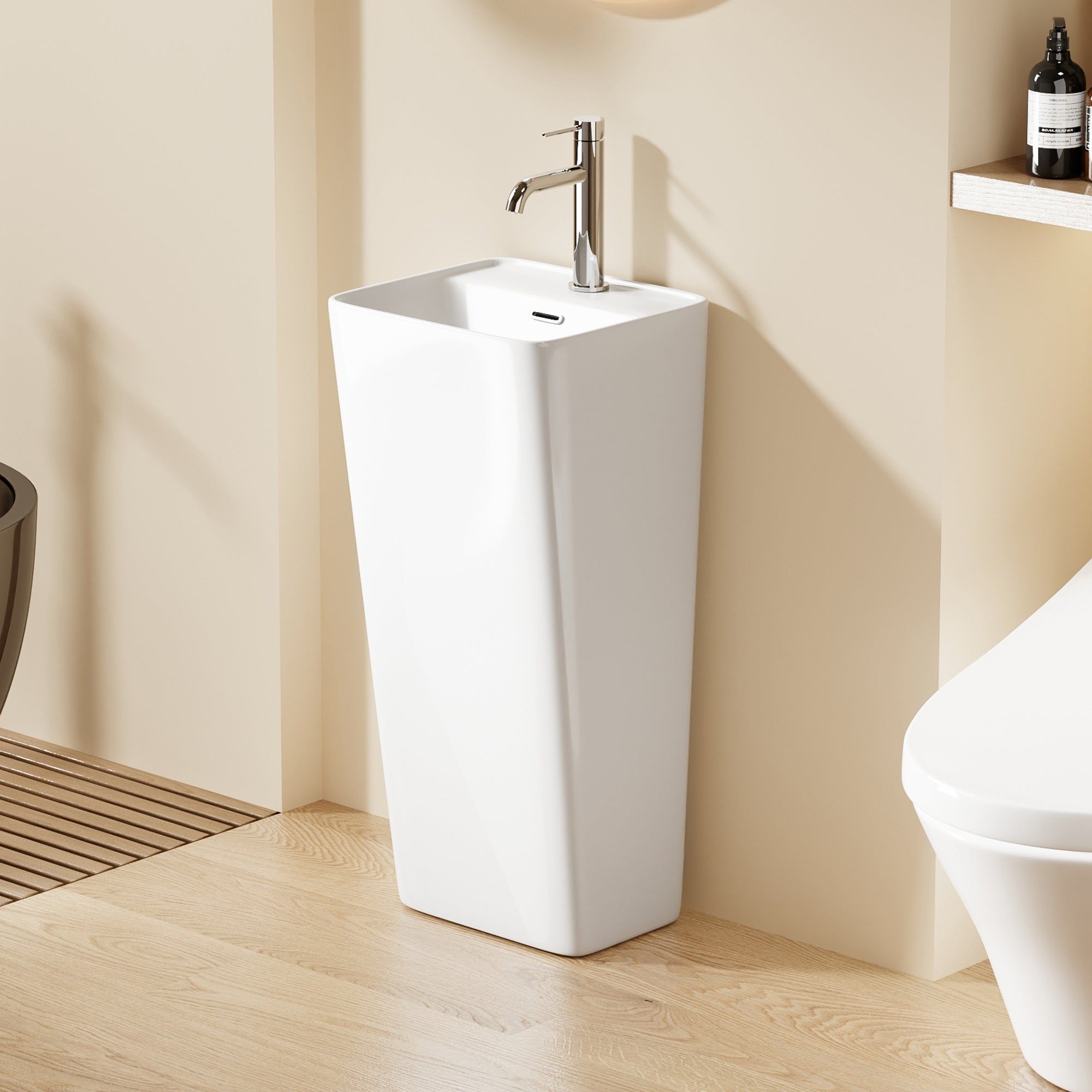 Lavabo Totem Blanc Carré : Lavabo sur pied moderne en céramique blanche, vasque carrée, design épuré.