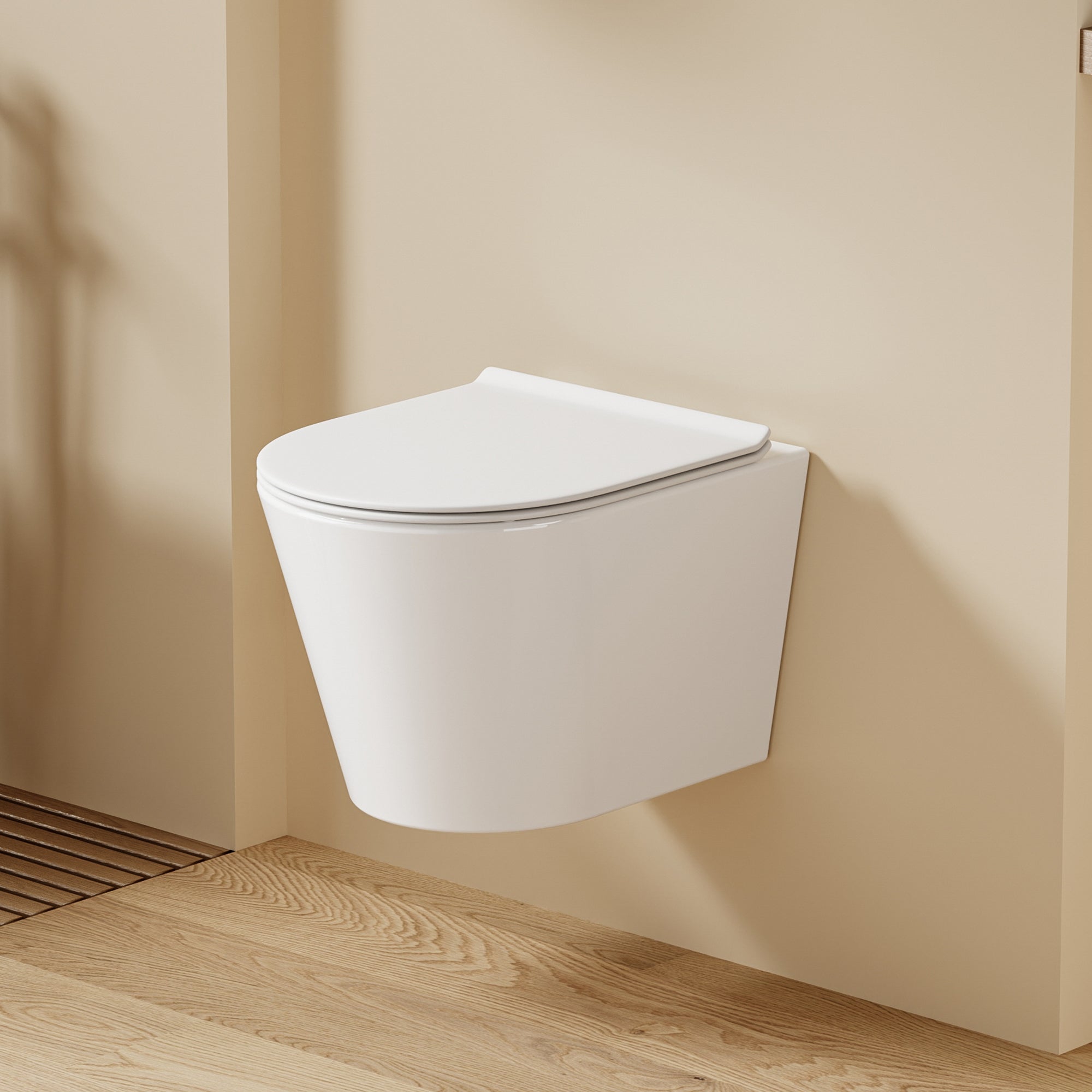 WC suspendu blanc SOLEIL, design moderne, abattant Soft Close, dimensions 49x36.5x32 cm.