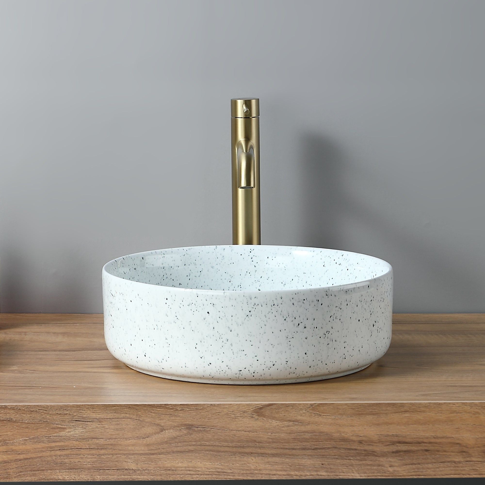 Vasque à poser en céramique blanche mouchetée (36x36cm), vasque de salle de bain ronde moderne avec robinet doré