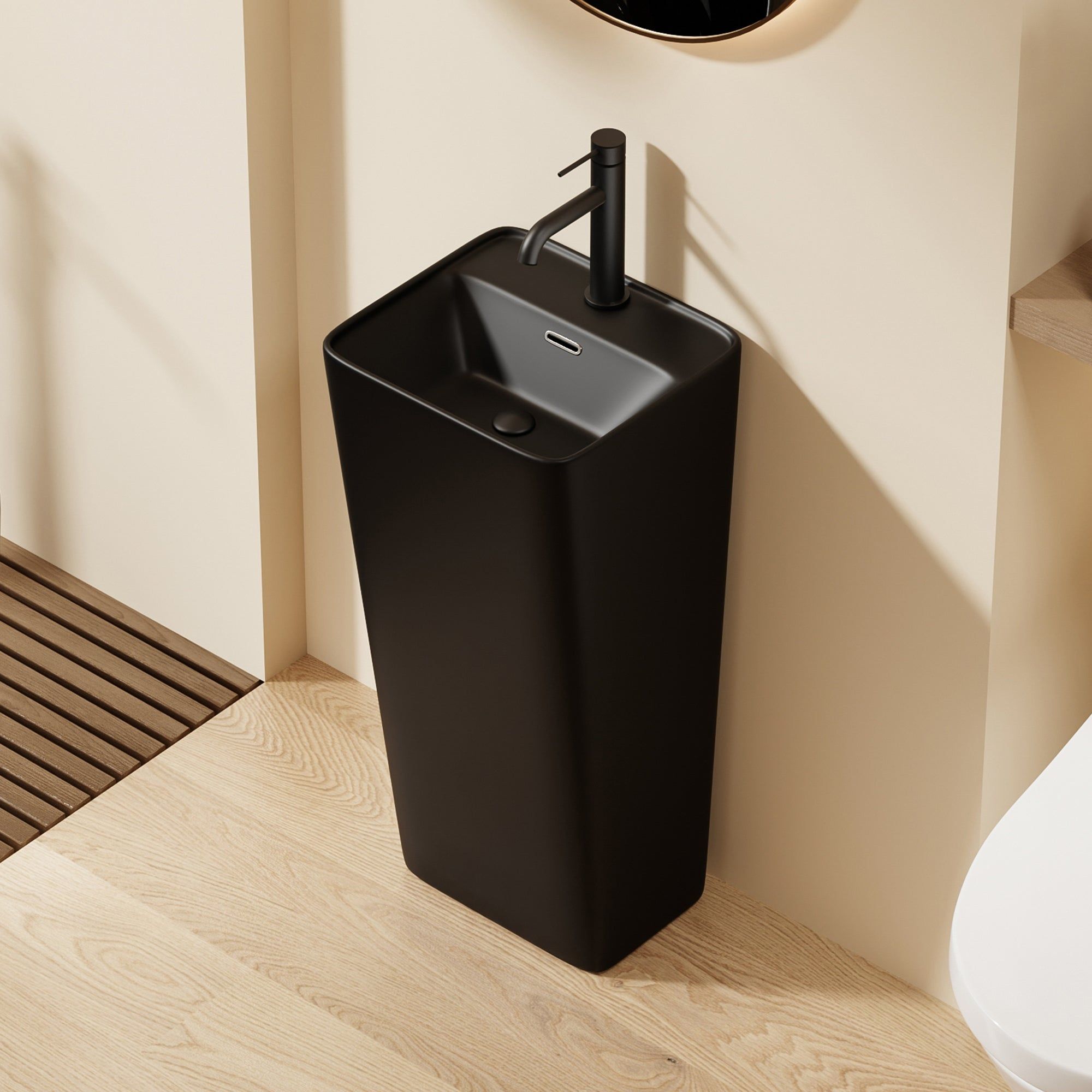 Lavabo Totem Noir Carré : Lavabo de salle de bain sur pied noir élégant avec vasque carrée moderne et robinet minimaliste.