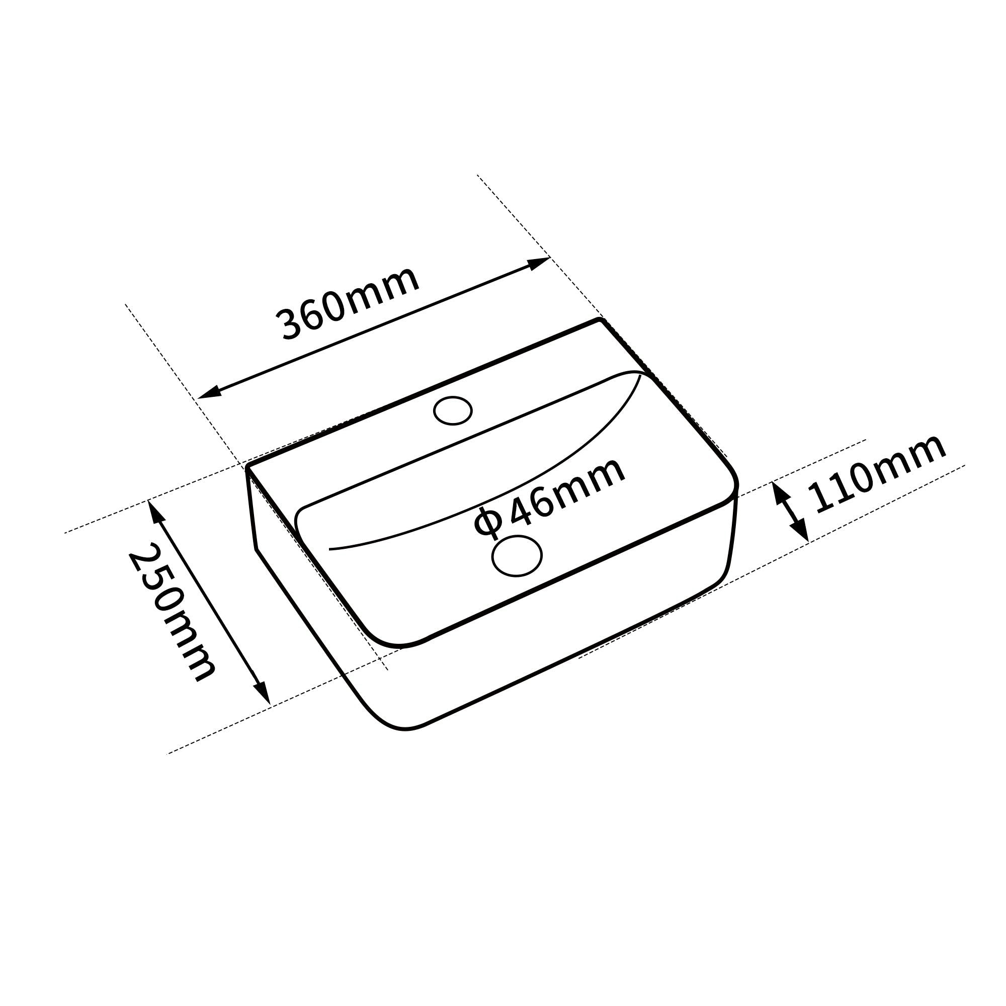 Vasque lave-mains suspendu blanc (36x25x11) : Lavabo mural en céramique blanche, 360x250x110mm, avec un trou pour robinet de diamètre 46mm.