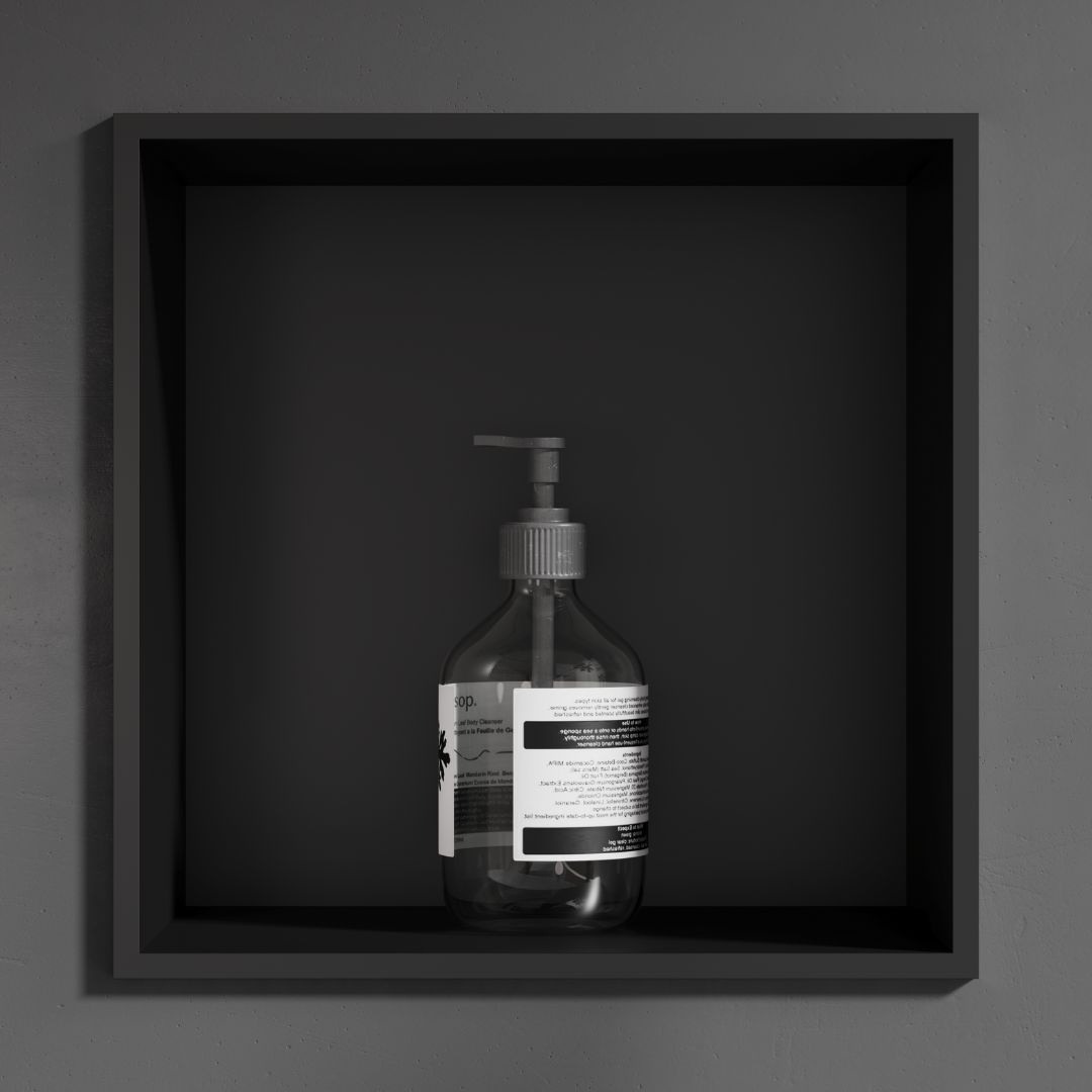 Niche de douche carrée noir mat : Niche de douche carrée noire mate 30x30x12cm, parfaite pour ranger shampoing et savon.