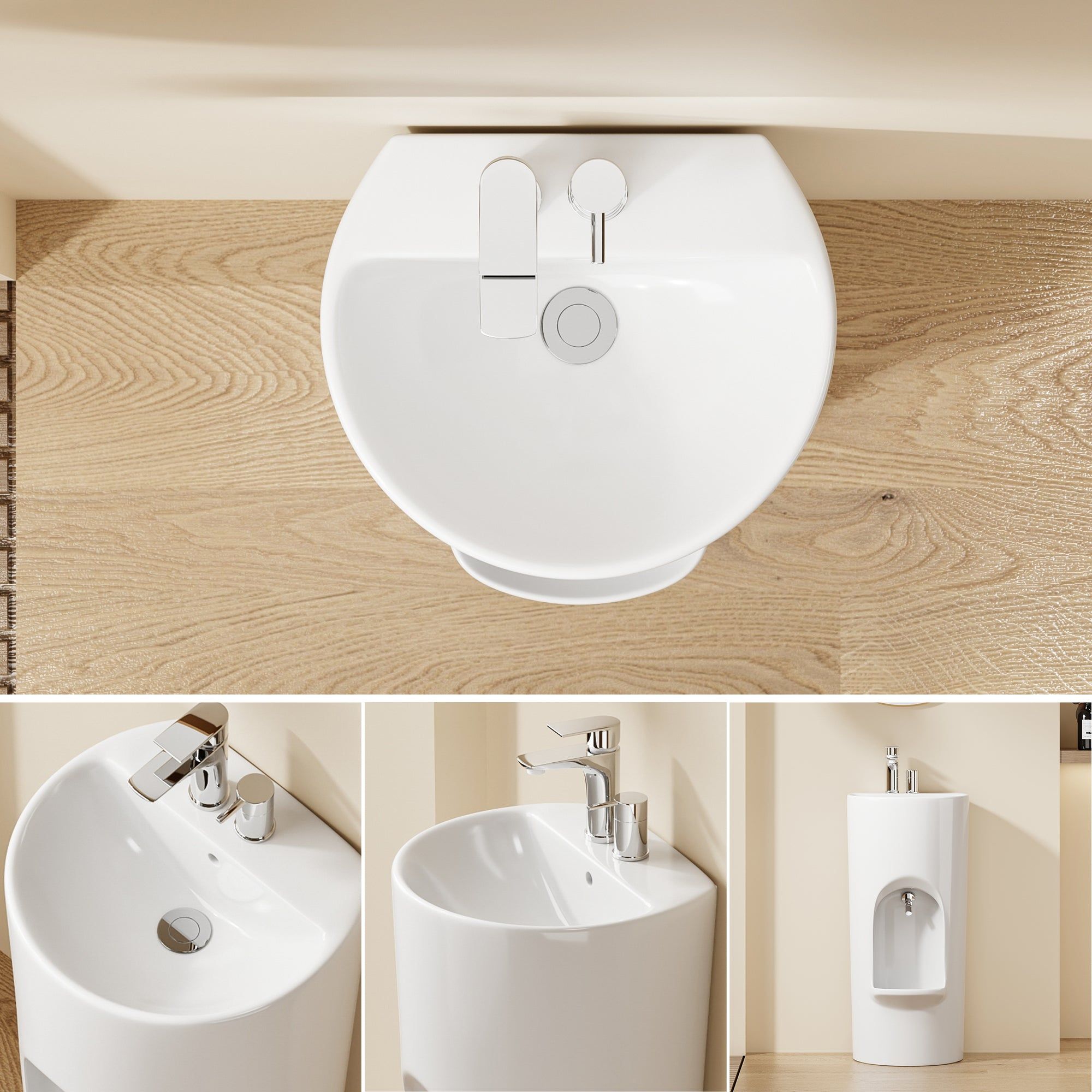 Lavabo d'ablutions Riyad blanc au design rond et fin, avec robinetterie moderne chromée.