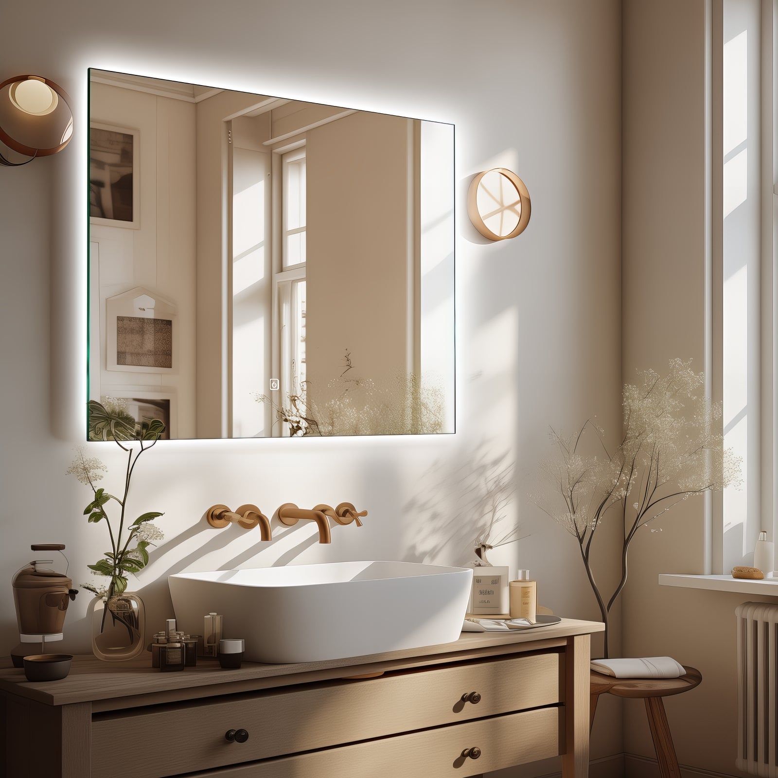Miroir mural infinity LED : Miroir de salle de bain moderne éclairé avec éclairage LED, reflétant une vanité élégante.
