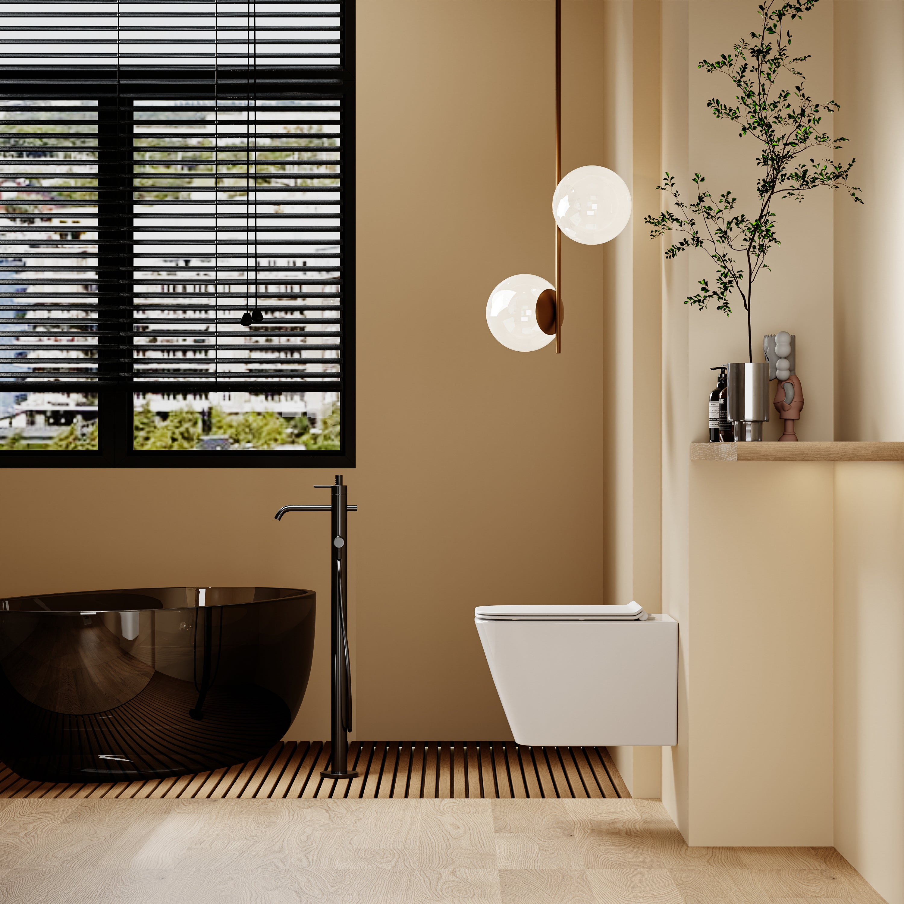 WC suspendu blanc LUNE, moderne, aux formes carrées arrondies, avec abattant soft close.