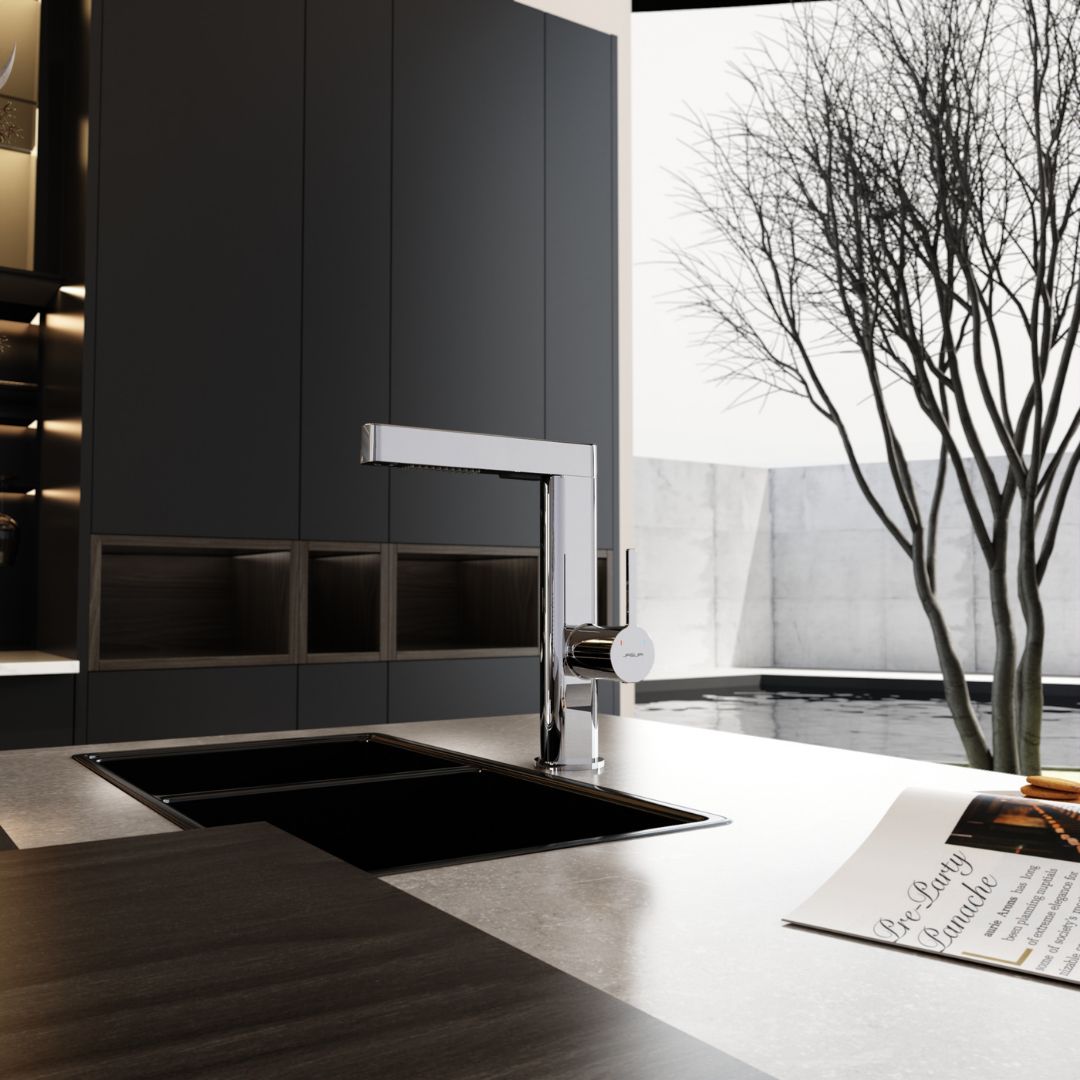 Robinet moderne multifonction gris métalisé : Robinet de cuisine chromé au design élégant et moderne, doté d'un pulvérisateur rétractable et de commandes séparées chaud/froid.