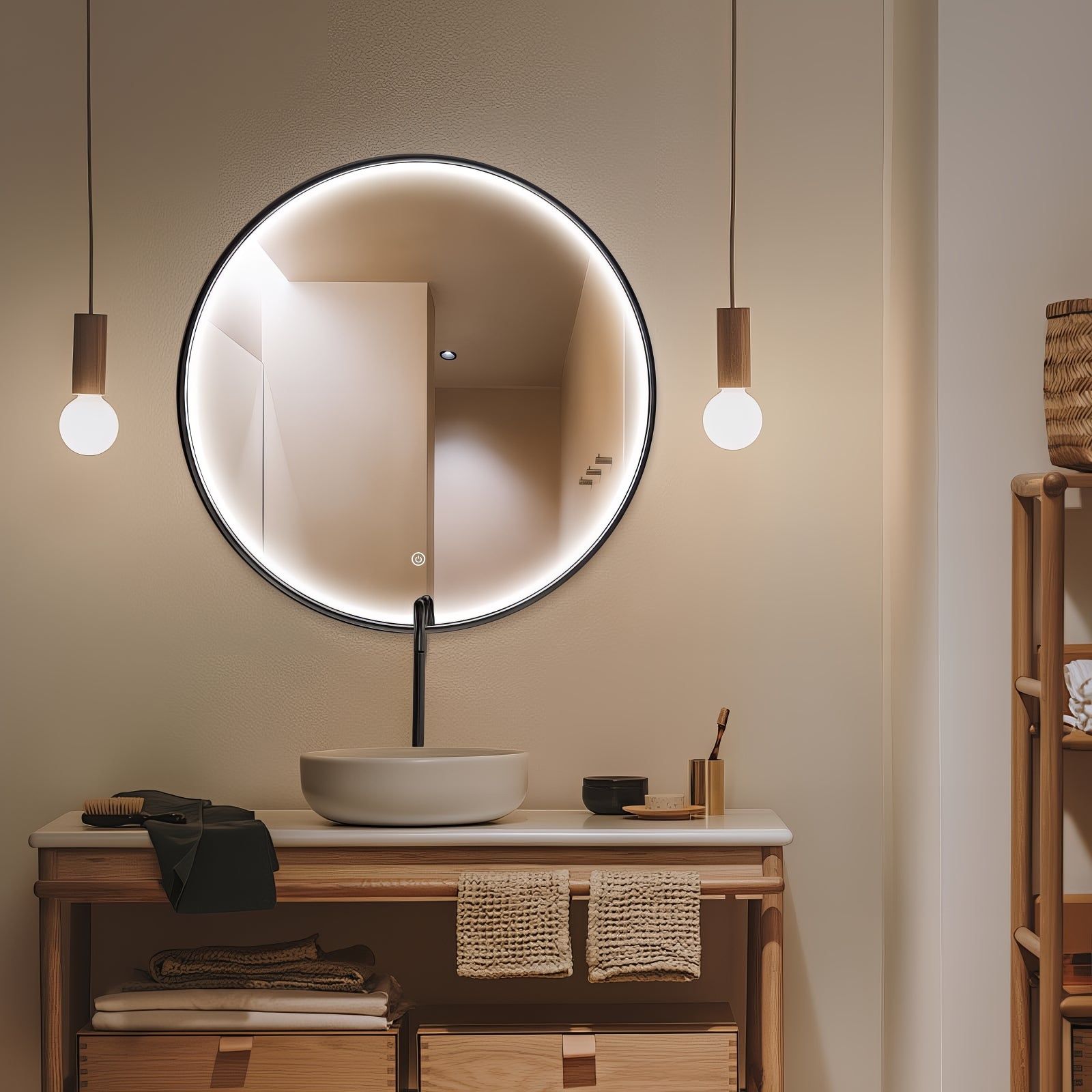 Miroir rond LED avec cadre aluminium noir ⌀70cm: Élégant miroir rond de 70cm avec éclairage LED intégré et cadre noir.
