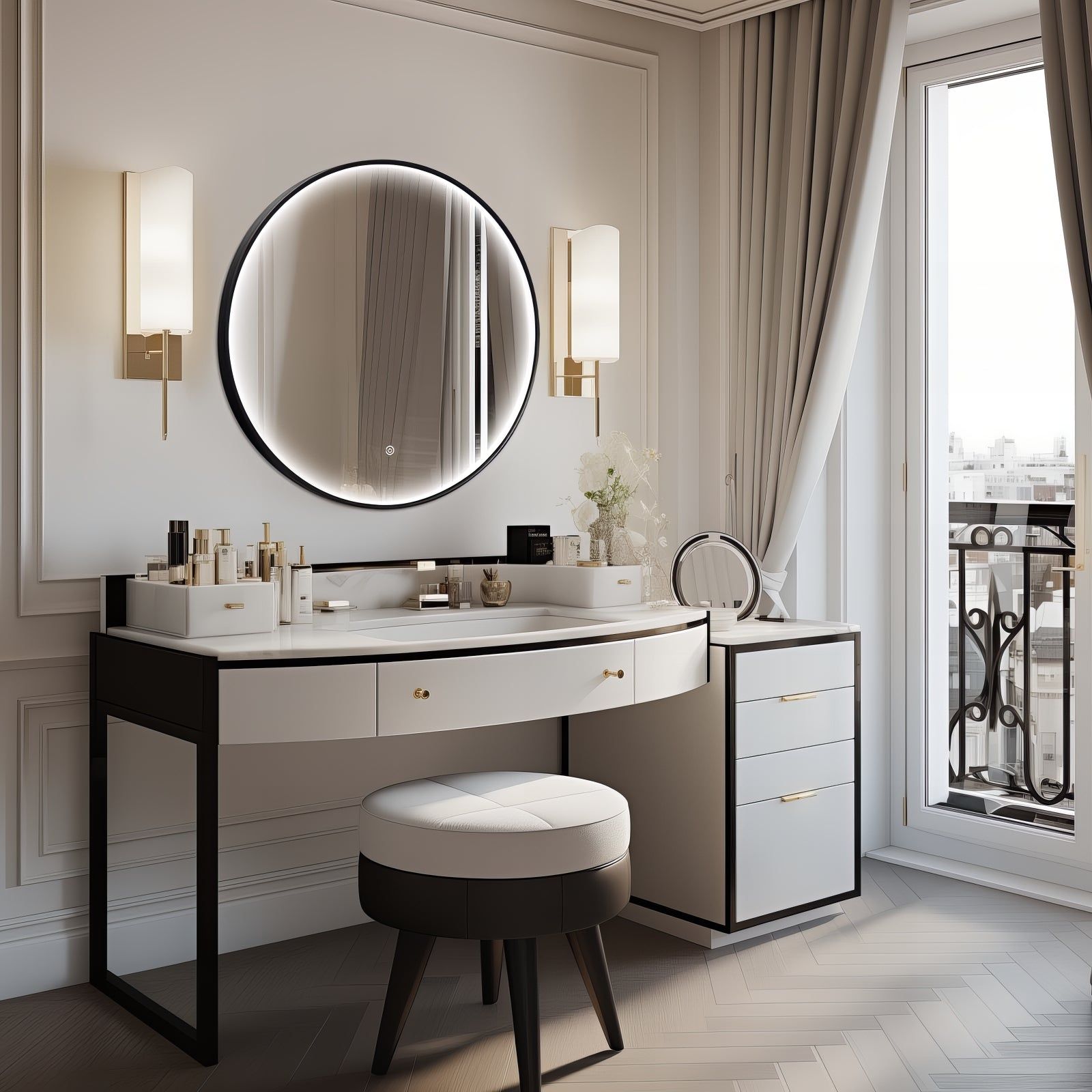 Miroir rond LED avec cadre aluminium noir ⌀70cm : Miroir LED rond de 70 cm de diamètre avec un cadre en aluminium noir, parfait pour une coiffeuse ou une coiffeuse.