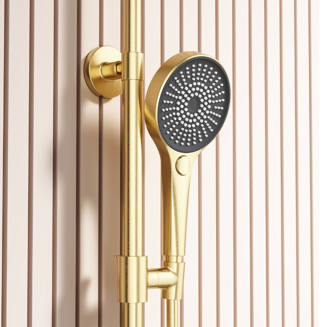Colonne de douche 3 fonctions dorée avec pommeau de douche noir