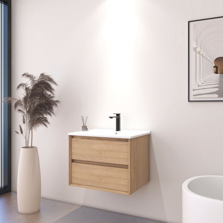Meuble de salle de bain mural effet bois clair de 60 cm avec deux tiroirs et vasque