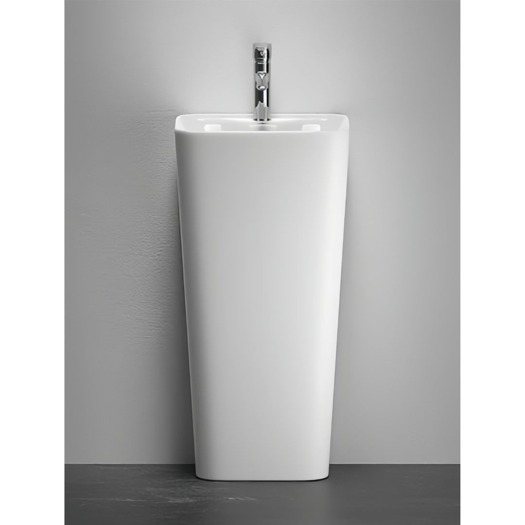 Lavabo Totem Blanc Rectangulaire et Fin: Sleek, rectangular white ceramic pedestal sink