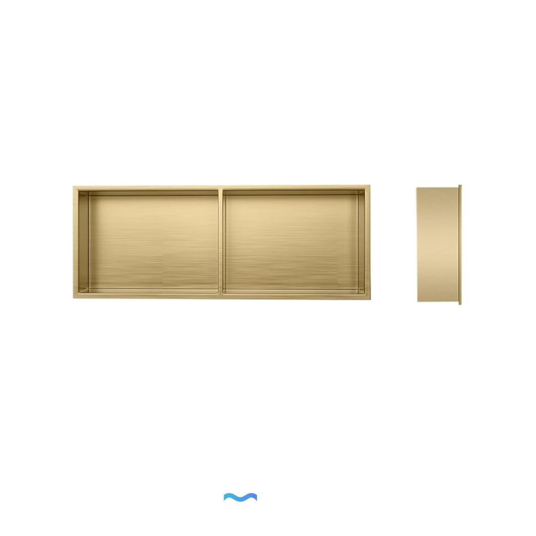 Niche de douche double, 60 x 30 x 12 cm, finition or brossé. Design moderne et épuré pour un rangement optimal dans la salle de bain.