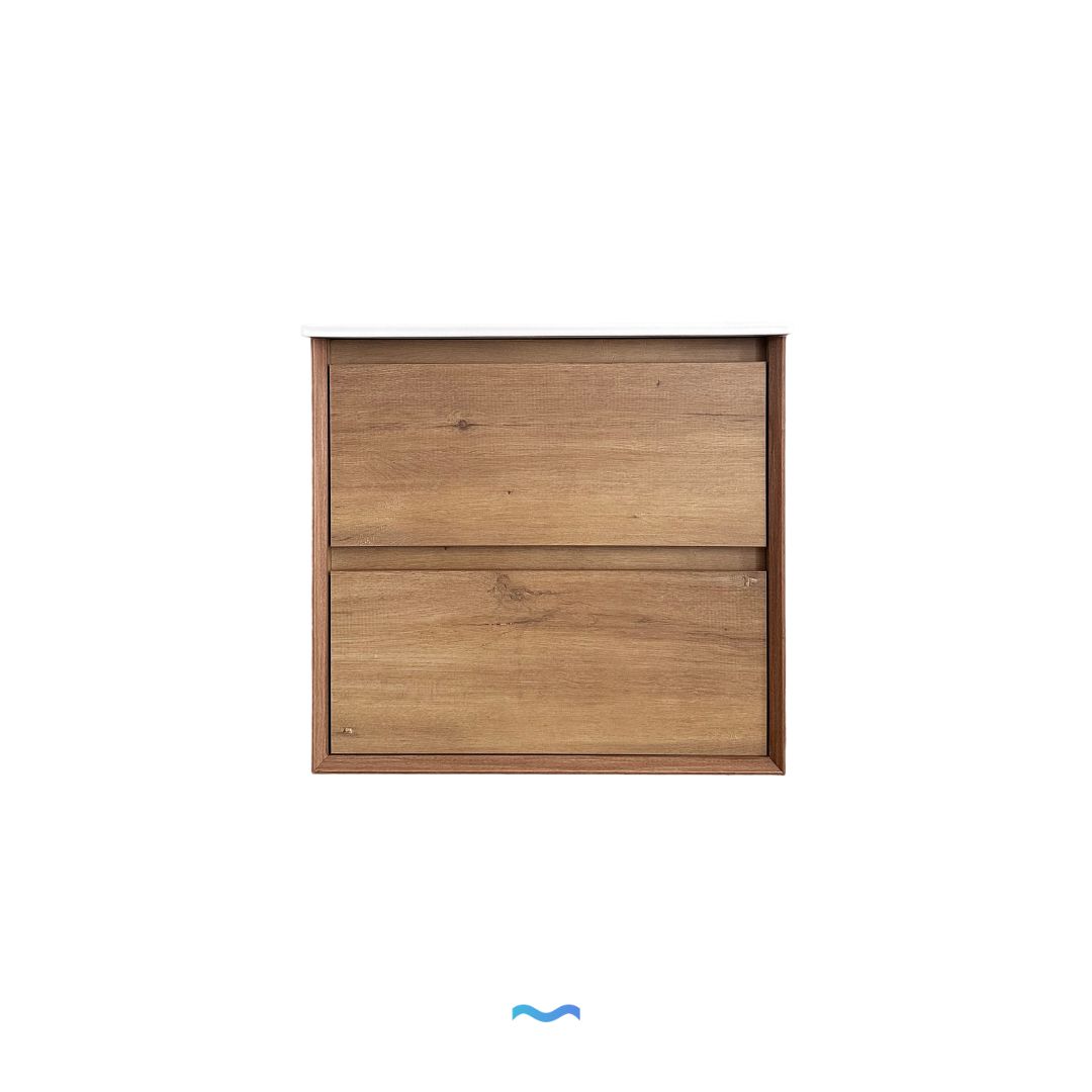 Meuble sous-vasque mural en bois clair de 60 cm, 2 tiroirs, avec vasque