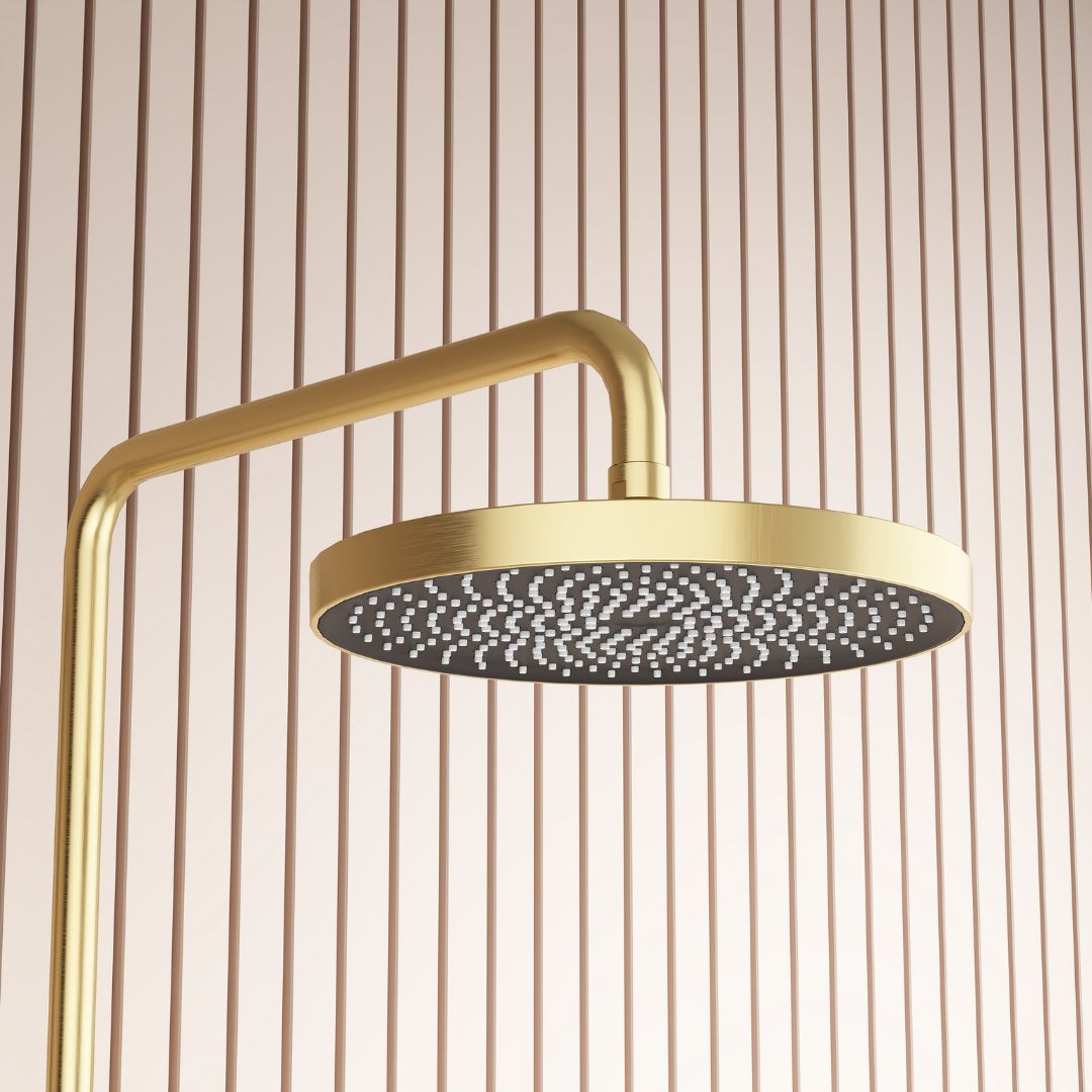 Colonne de douche 3 fonctions Gold : Finition or brossé, pommeau de douche rond avec un jet unique.