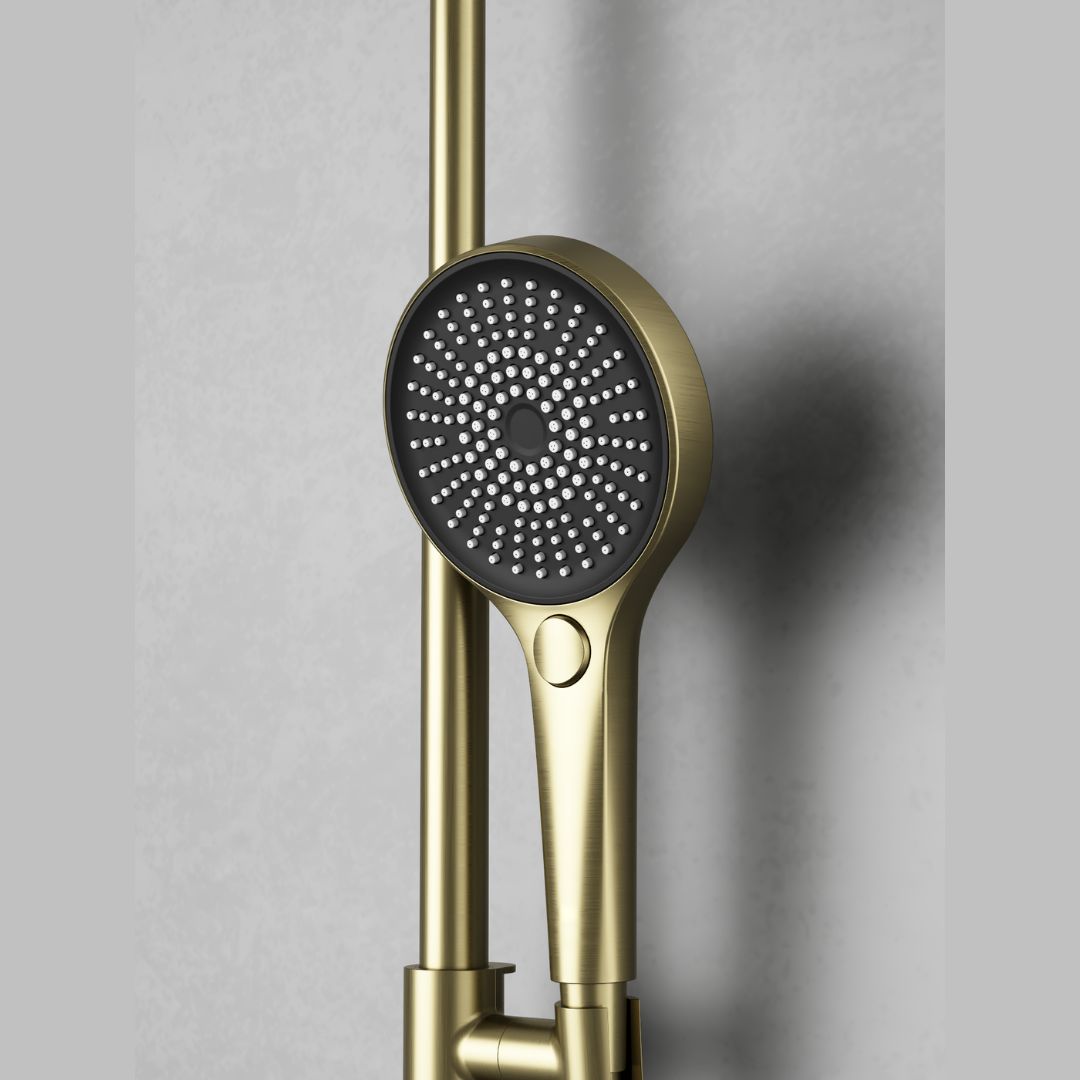 Colonne de douche 3 fonctions dorée avec pomme de douche circulaire noire.