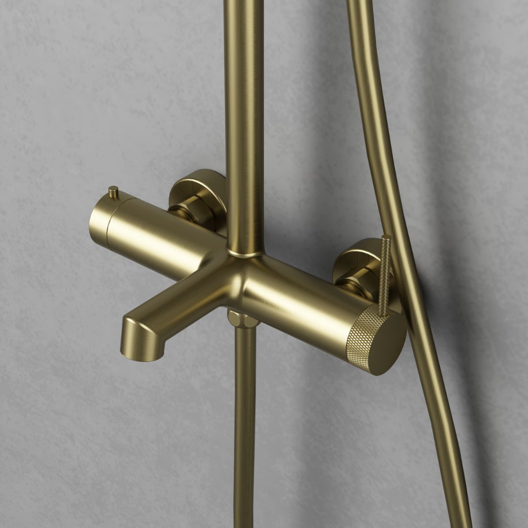 Colonne de douche 3 fonctions Gold : Robinet de douche en laiton avec commandes et pomme de douche intégrées.