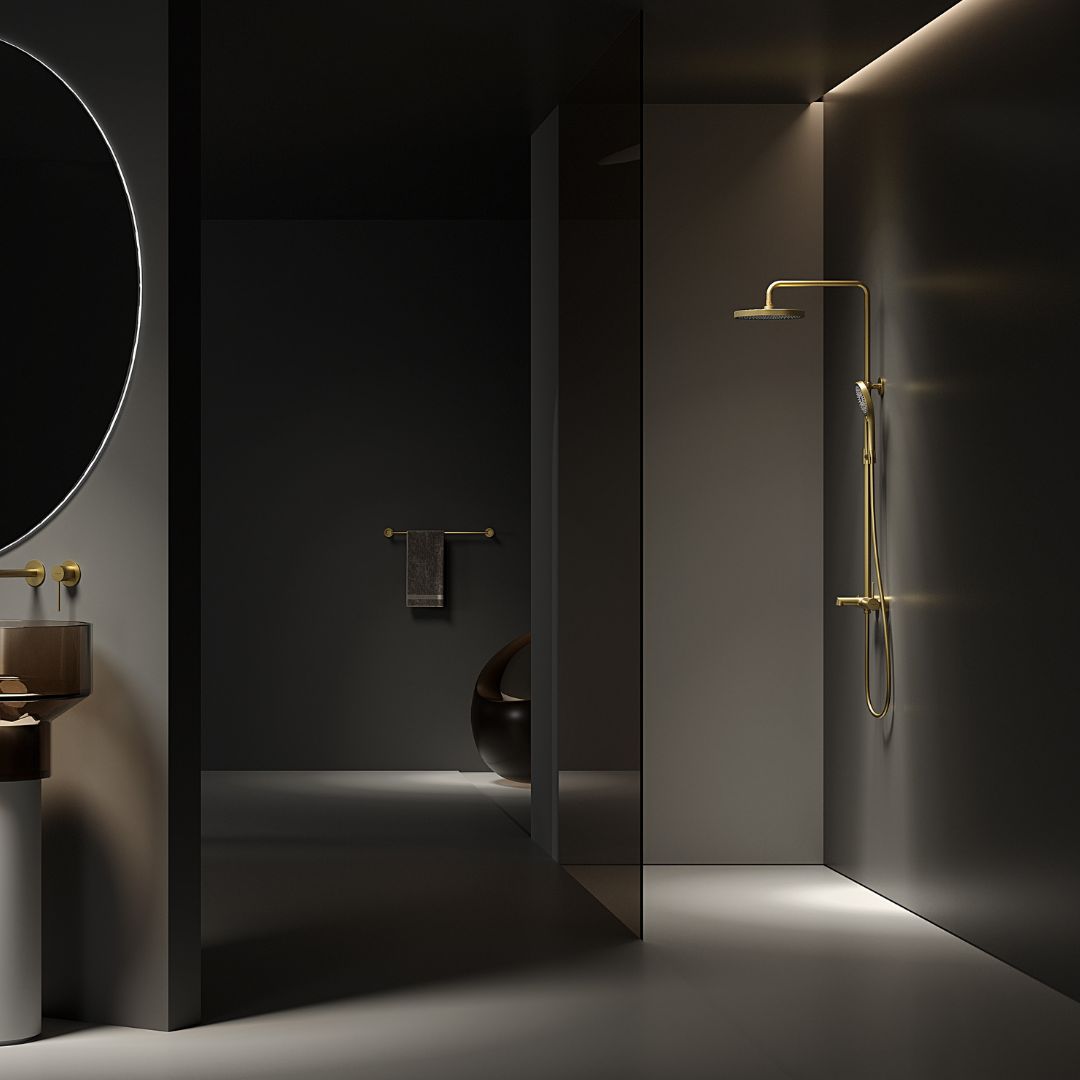 Colonne de douche 3 fonctions Gold : Système de douche moderne de couleur dorée avec pomme de douche à effet pluie et douche à main.