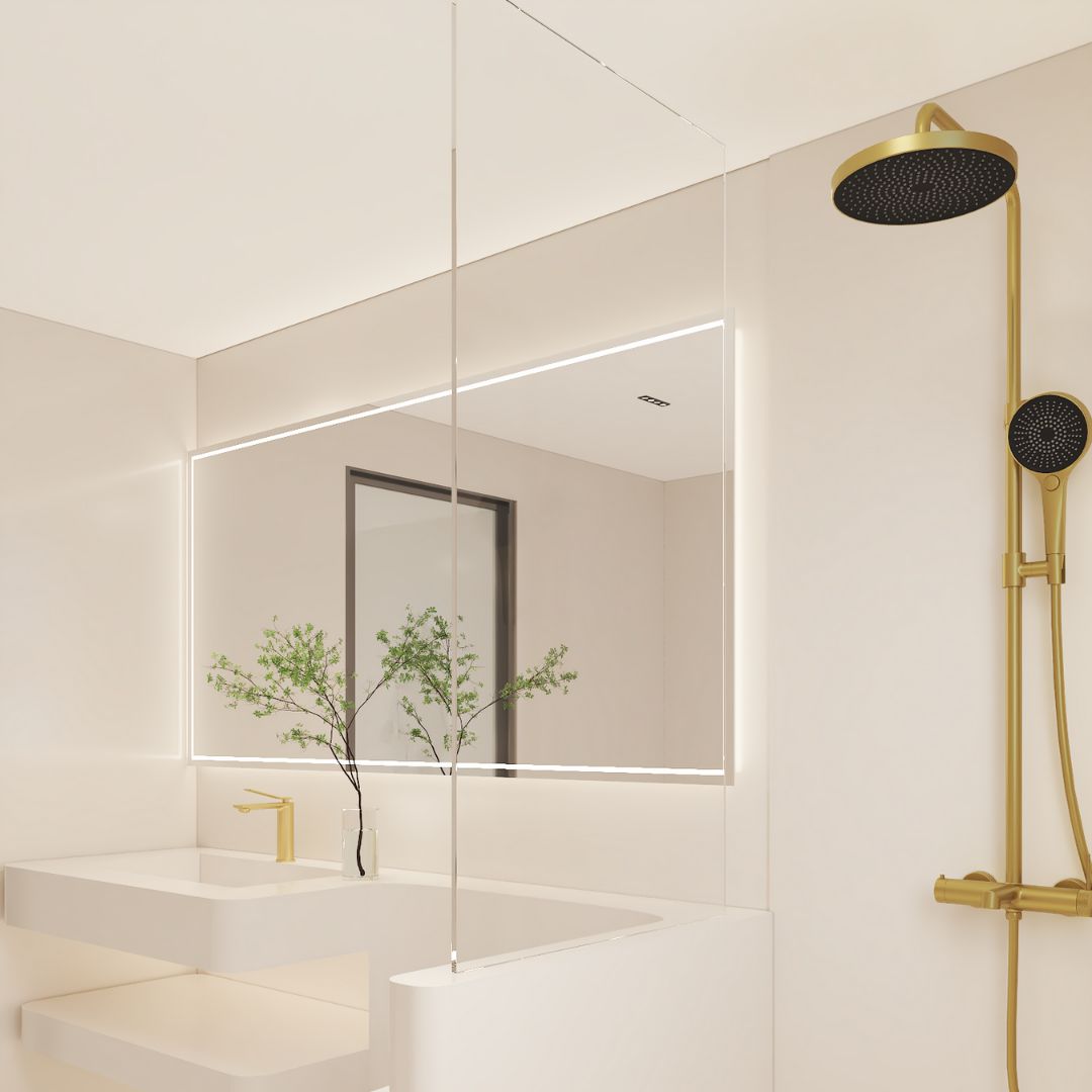 Colonne de douche 3 fonctions Gold : Système de douche moderne de couleur dorée avec pomme de douche à effet pluie et douche à main.