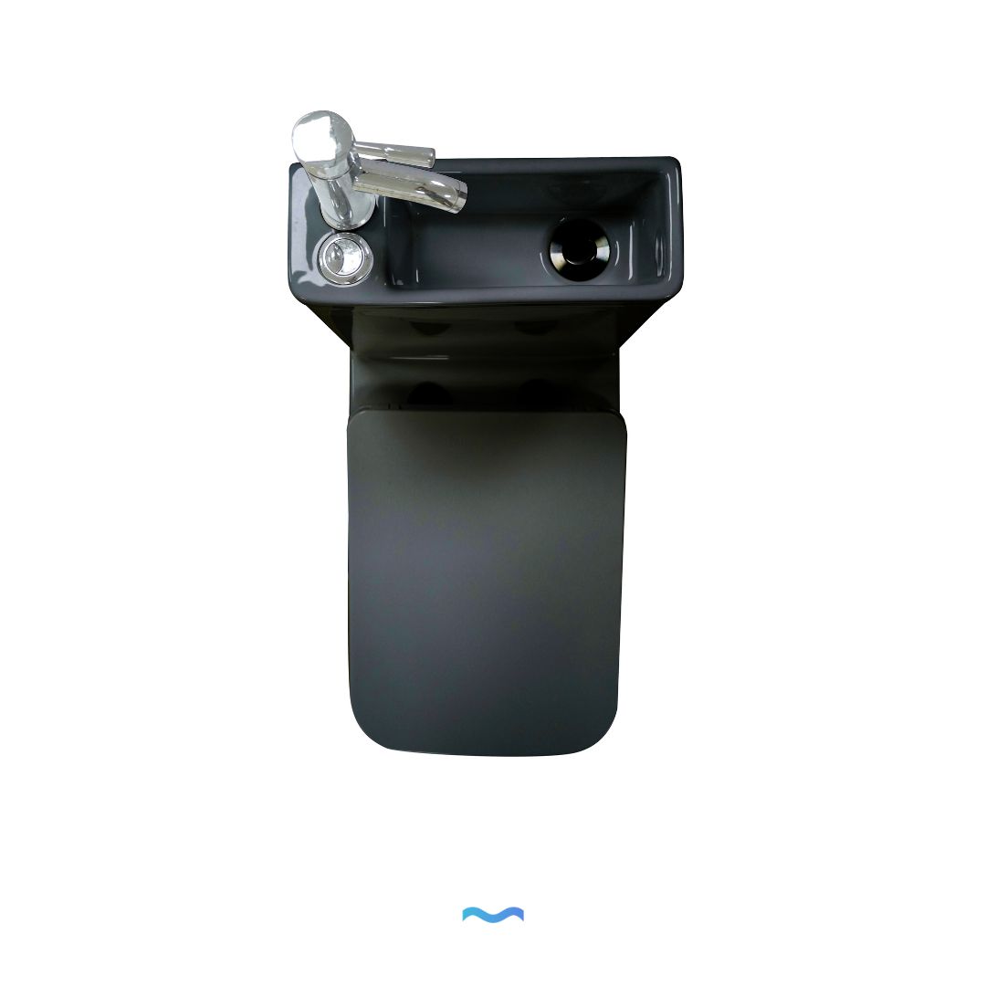 WC à poser avec lave-mains intégré et robinet noir: Compact wall-hung toilet with integrated sink and black faucet.
