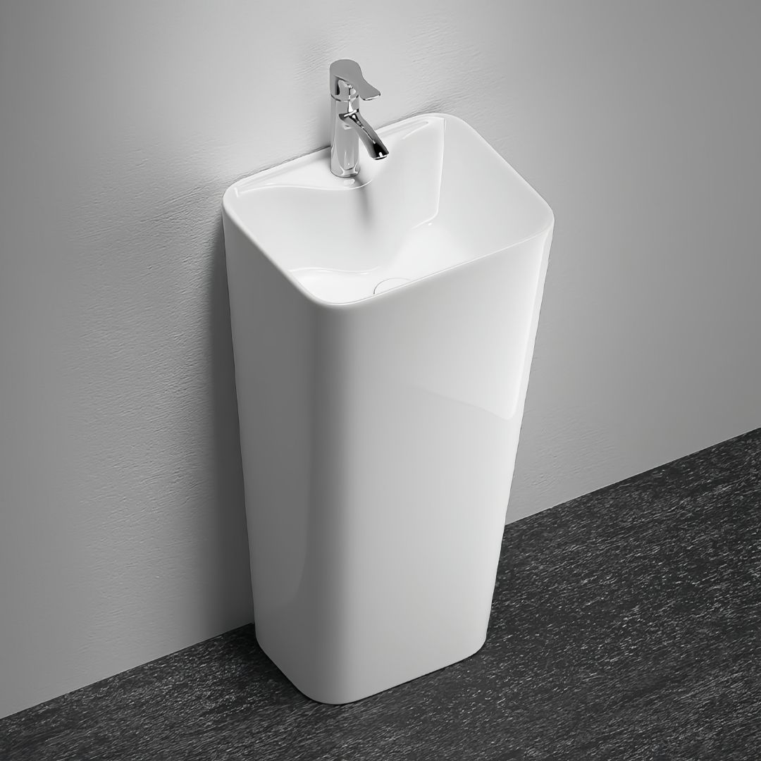 Lavabo Totem Blanc Rectangulaire et Fin: Sleek, rectangular white ceramic pedestal sink