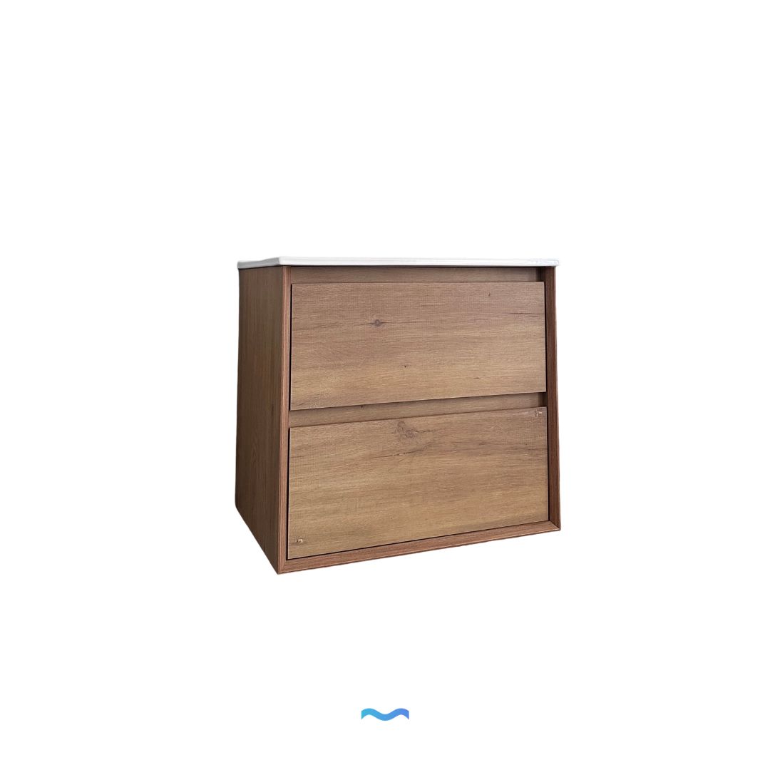 Meuble sous-vasque mural en bois clair de 60 cm, 2 tiroirs, avec lavabo blanc