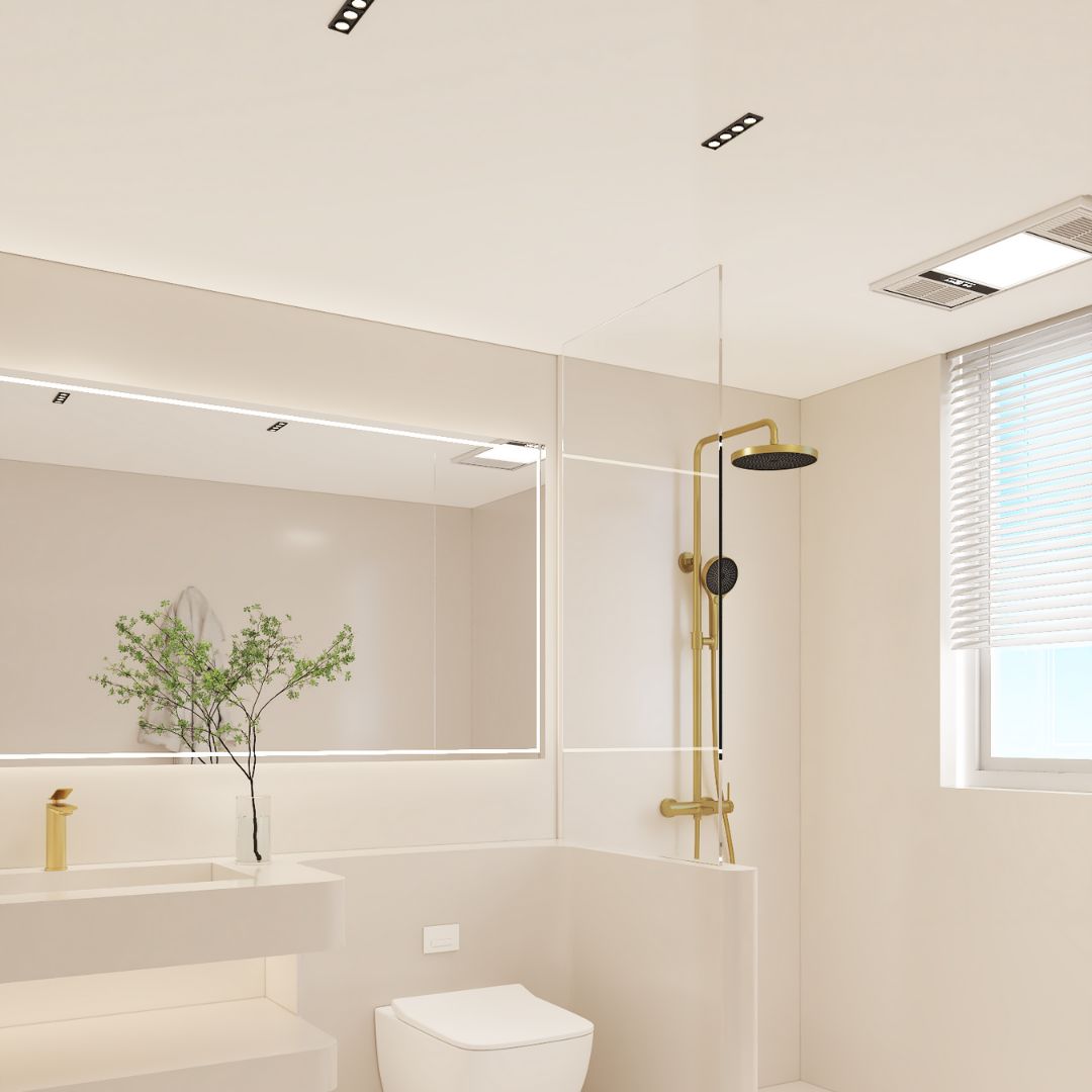Colonne de douche 3 fonctions Gold : Système de douche élégant de couleur dorée avec pomme de douche à effet pluie et douchette à main.