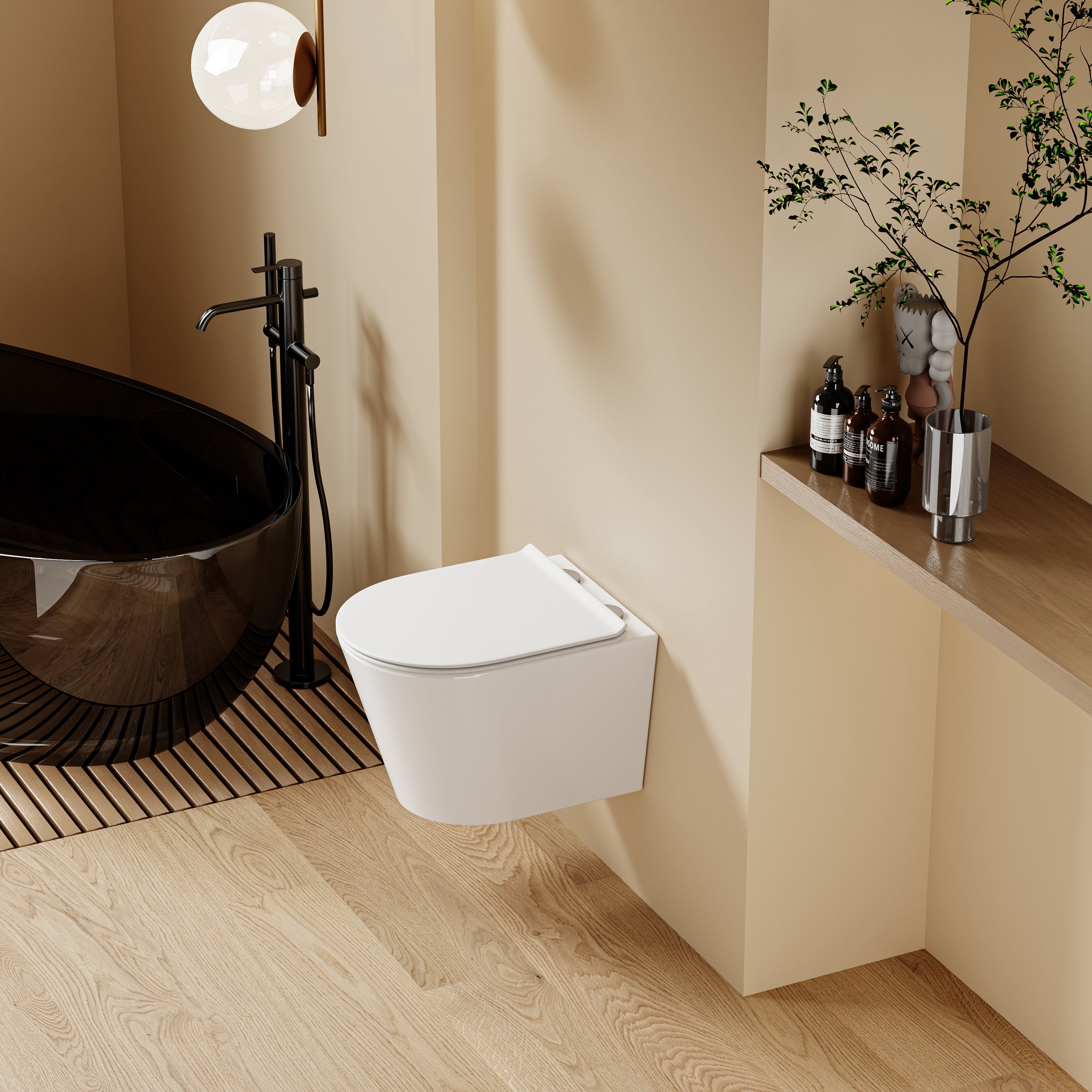 WC suspendu blanc SOLEIL, design moderne, abattant Soft Close, dimensions 49x36,5x32 cm.