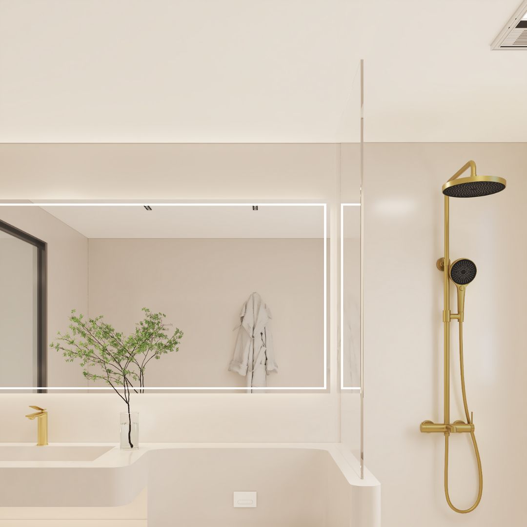 Colonne de douche 3 fonctions Gold : Système de douche moderne de couleur dorée avec pommeaux de douche à effet pluie et à main.