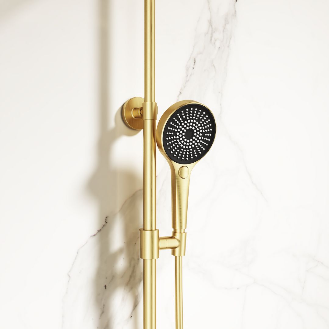 Colonne de douche 3 fonctions dorée avec pommeau de douche noir