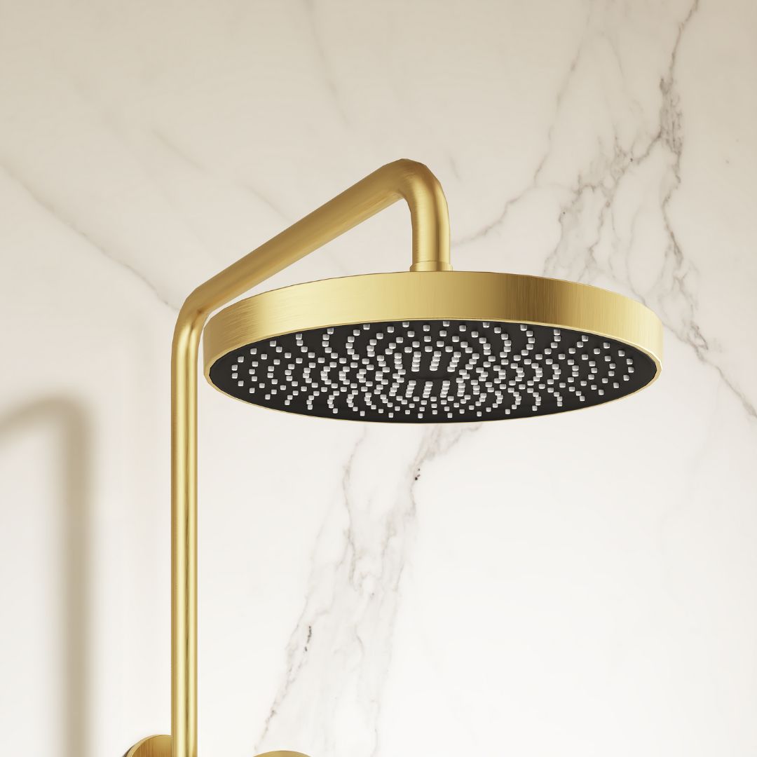 Colonne de douche 3 fonctions dorée avec pommeau de douche rond et noir