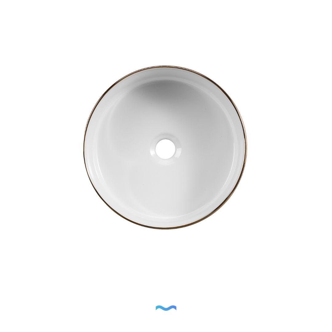 Lavabo rond blanc avec bord doré