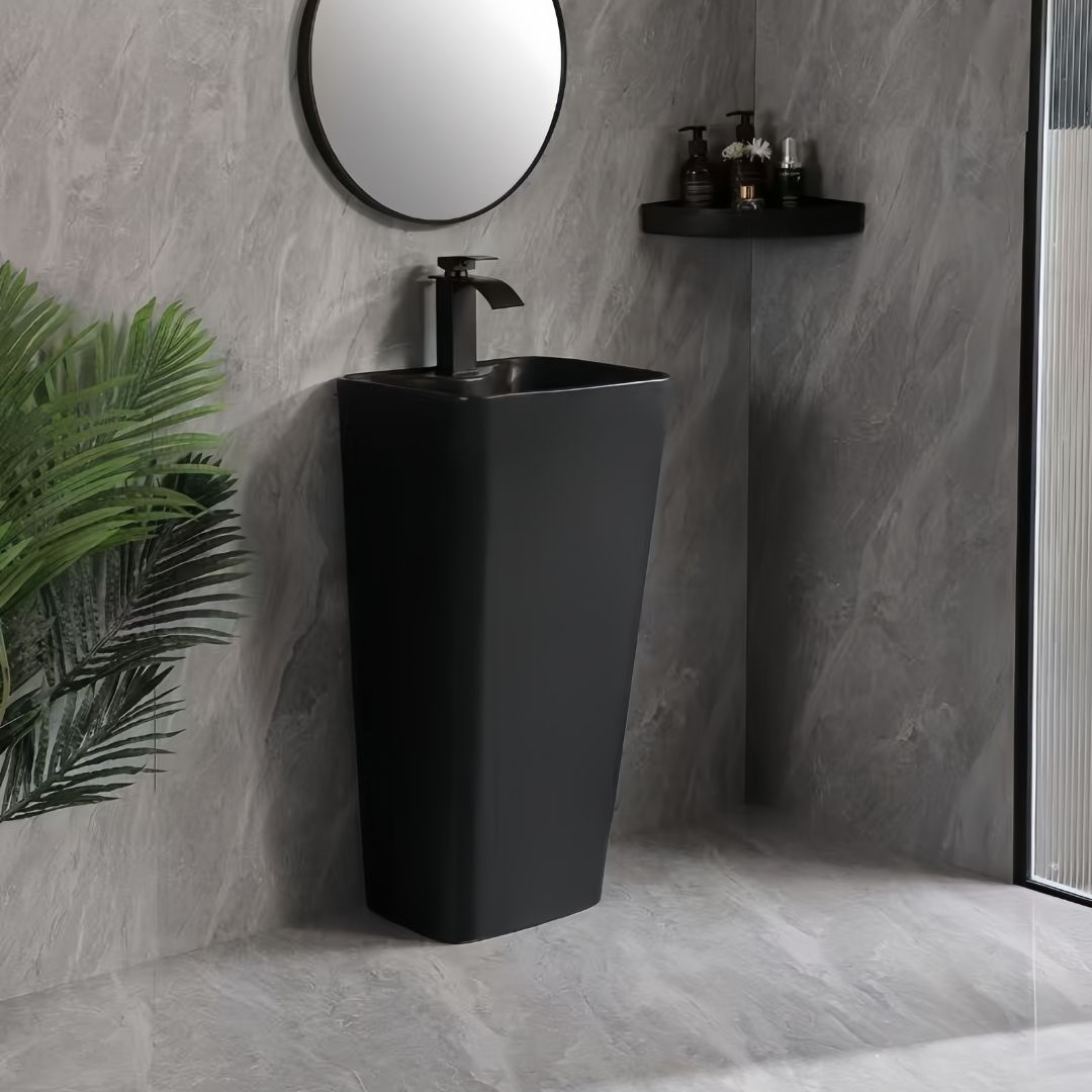 Lavabo Totem Noir Rectangulaire et Fin: Sleek black pedestal sink, rectangular basin, modern bathroom vanity