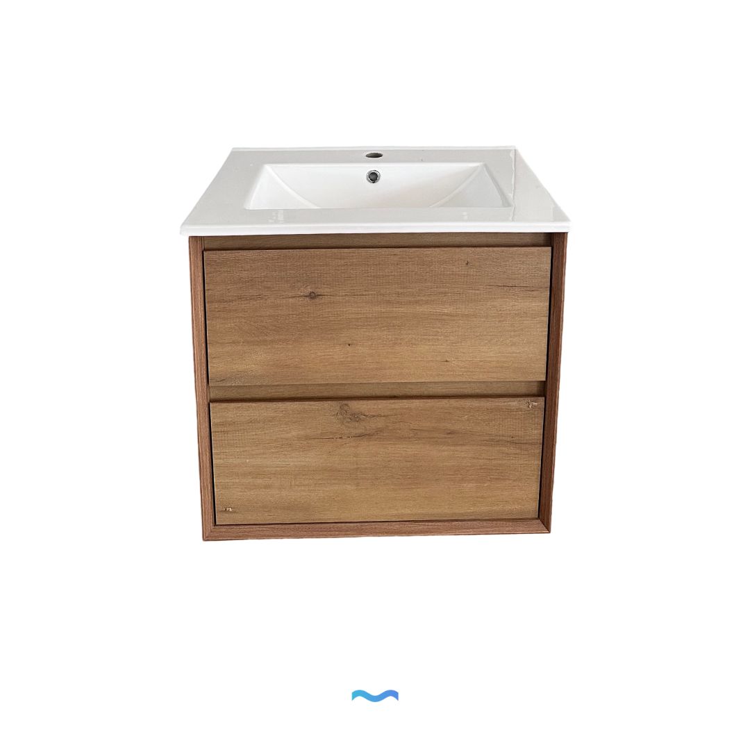 Meuble-lavabo en bois clair de 60 cm : meuble de salle de bain mural à deux tiroirs avec lavabo blanc intégré