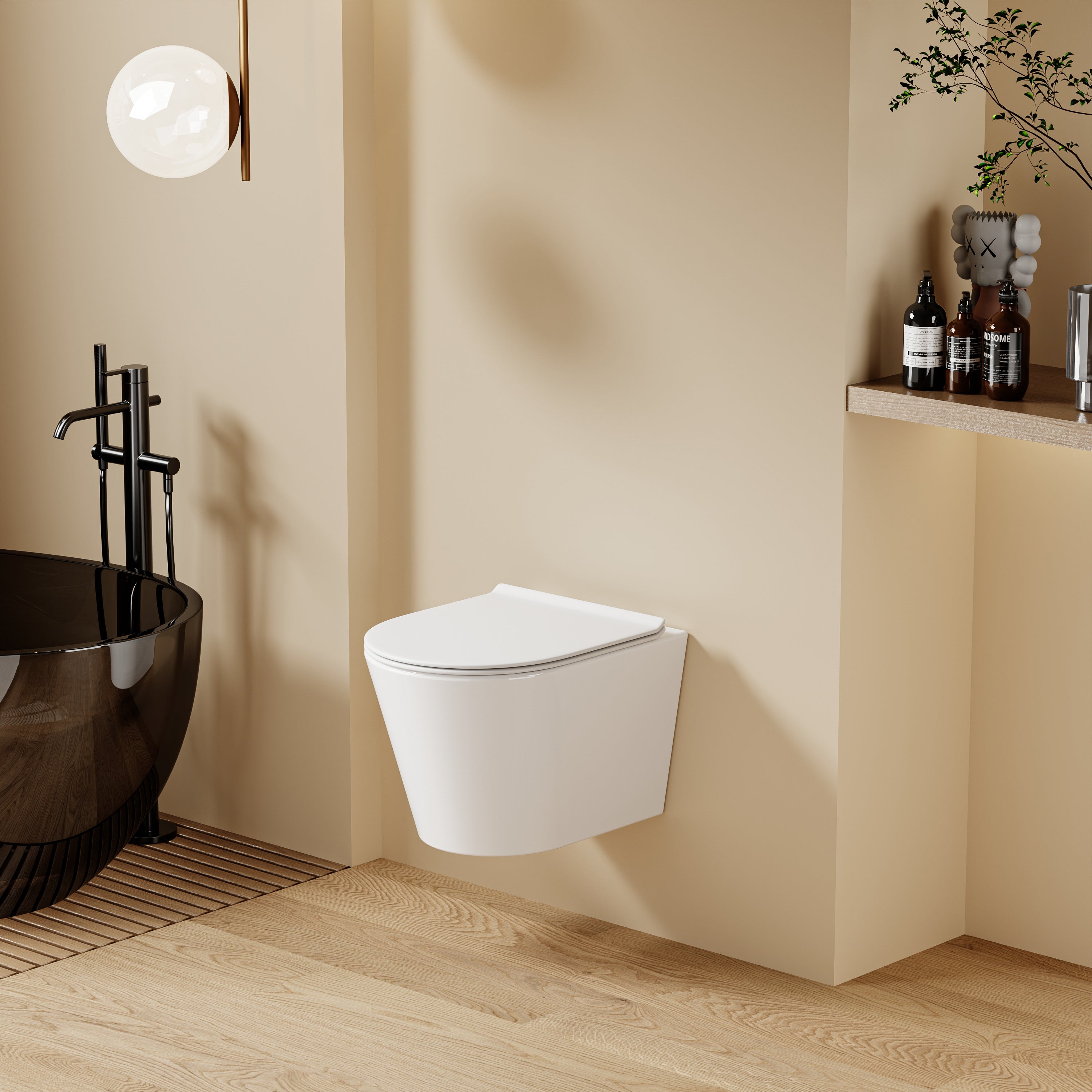 WC suspendu blanc SOLEIL, design moderne, dimensions 49x36,5x32 cm, avec abattant Soft Close.