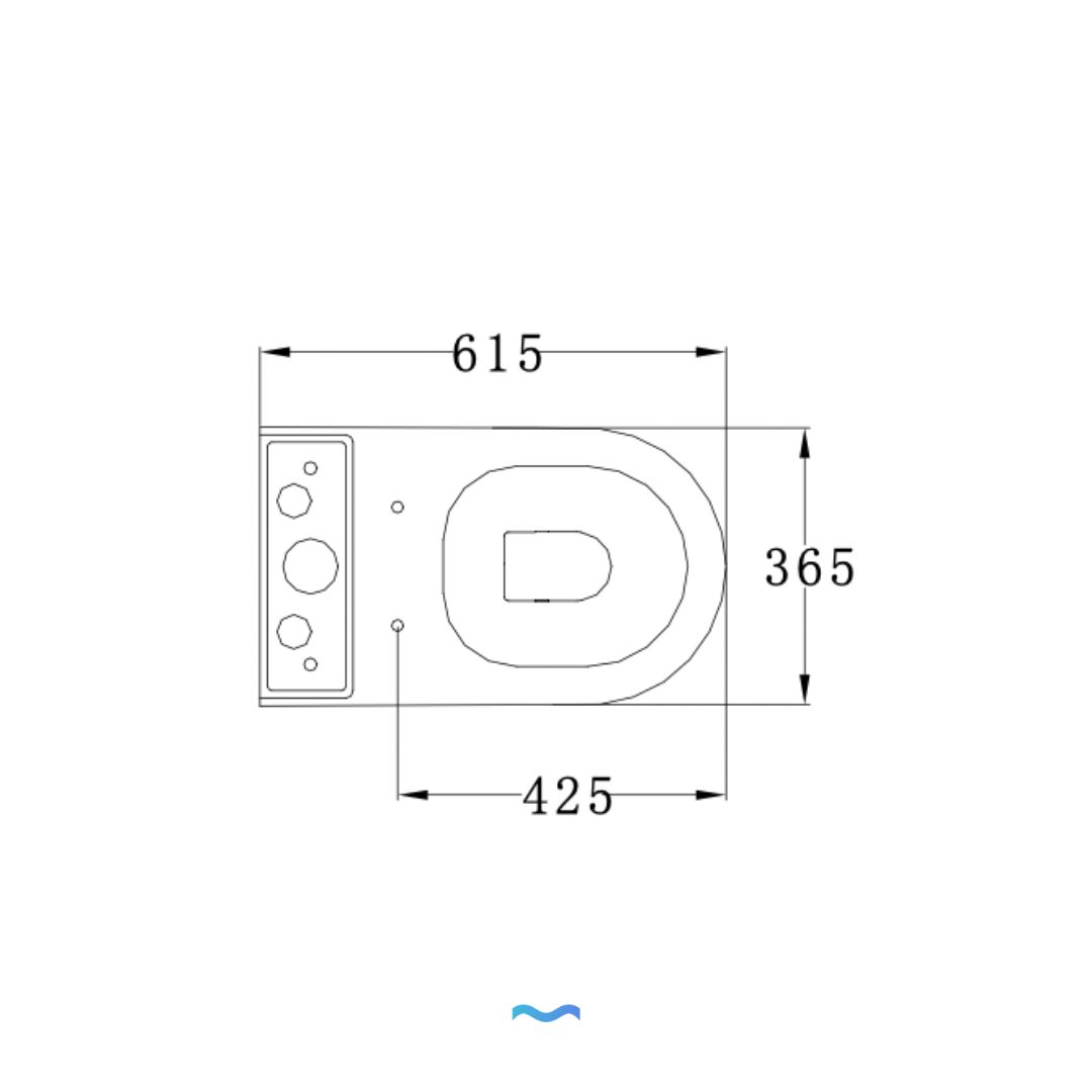 WC Noir Mat à poser : Vue de dessus d'un WC suspendu de dimensions 615x425x365mm