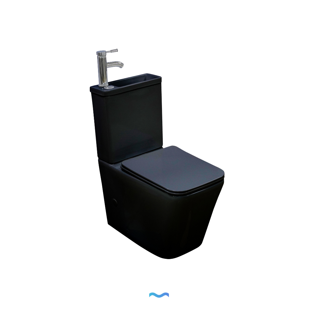 Toilettes suspendues noires avec lave-mains intégré et robinet chromé
