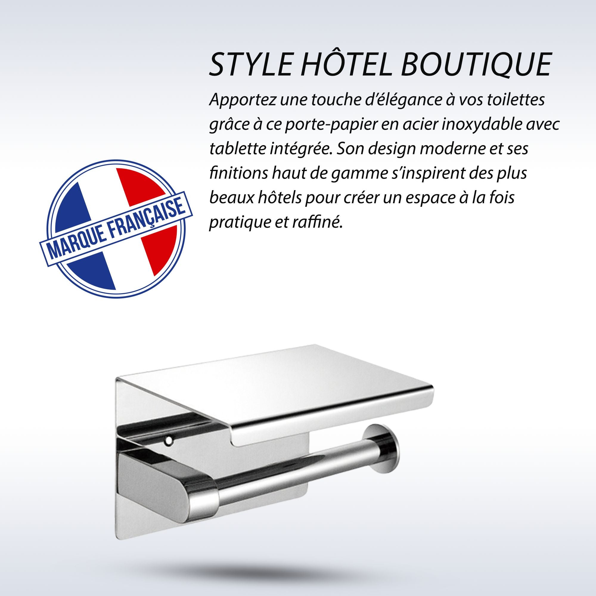 Porte rouleau papier toilette design en chrome poli avec tablette intégrée, style hôtel boutique.