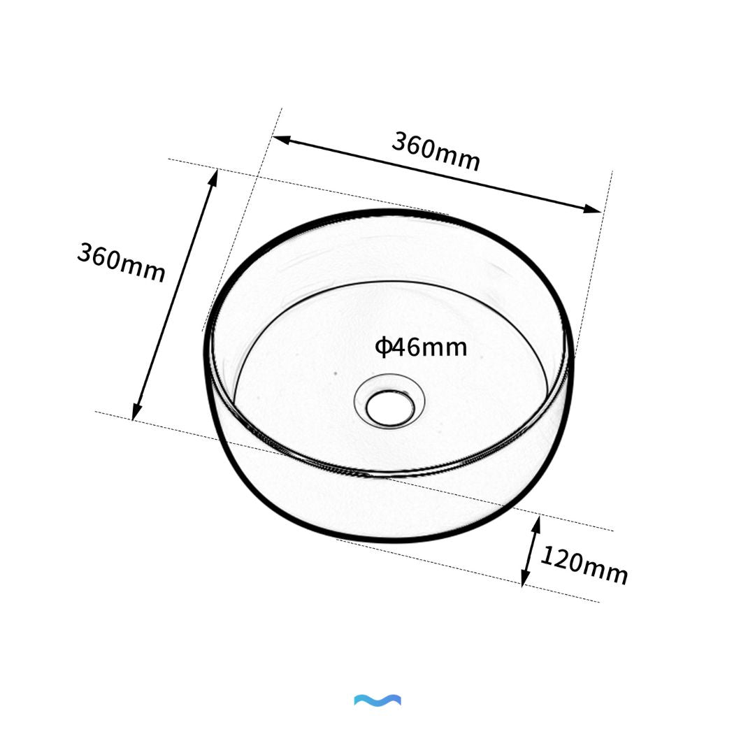 Round white countertop vessel sink with gold trim, 360mm diameter, 120mm height. Vasque à poser ronde blanche avec liseré or.